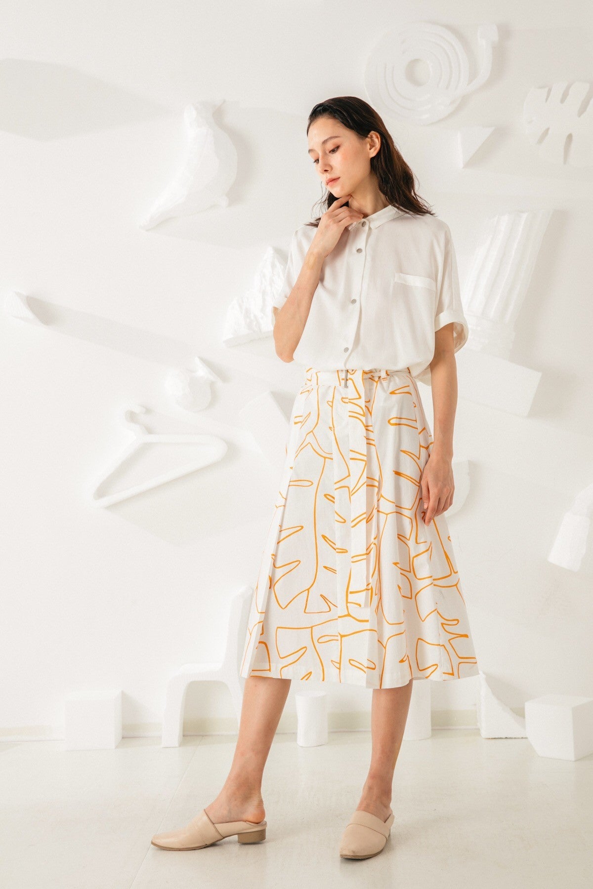 SKYE San Francisco SF ethical modern minimalist quality women clothing fashion Jolee Hand Drawn Print Midi Skirt orange 3