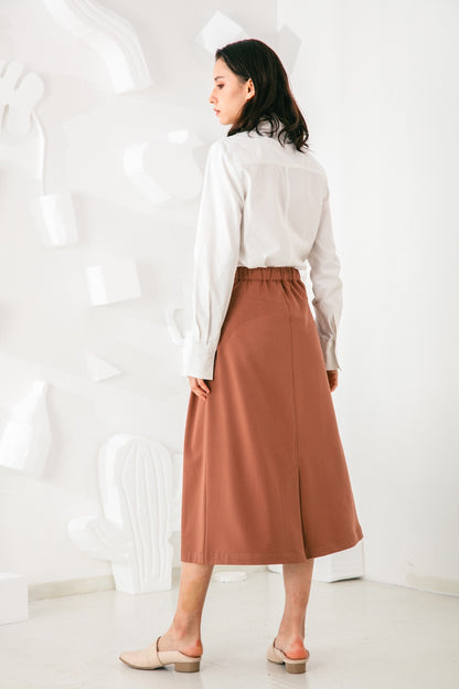 SKYE San Francisco SF shop ethical sustainable modern minimalist elegant quality women clothing fashion brand Aurelie Midi Skirt Light Brown 2