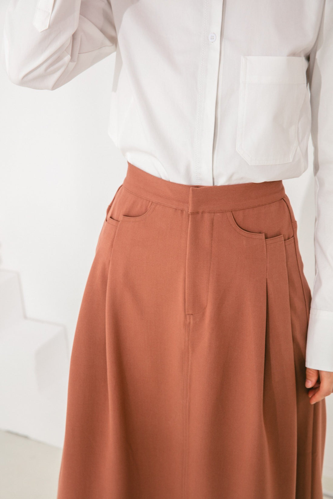 SKYE San Francisco SF shop ethical sustainable modern minimalist elegant quality women clothing fashion brand Aurelie Midi Skirt Light Brown 5