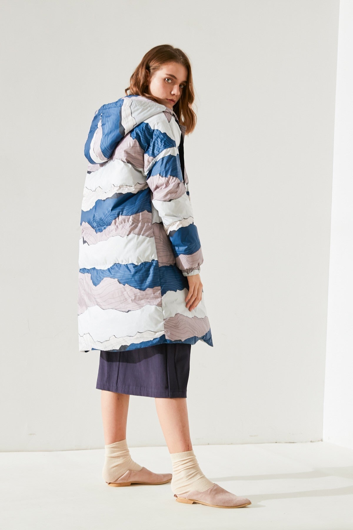 SKYE San Francisco SF shop ethical sustainable modern minimalist elegant quality women clothing fashion brand Ellaria Down Puffer Coat Parka print