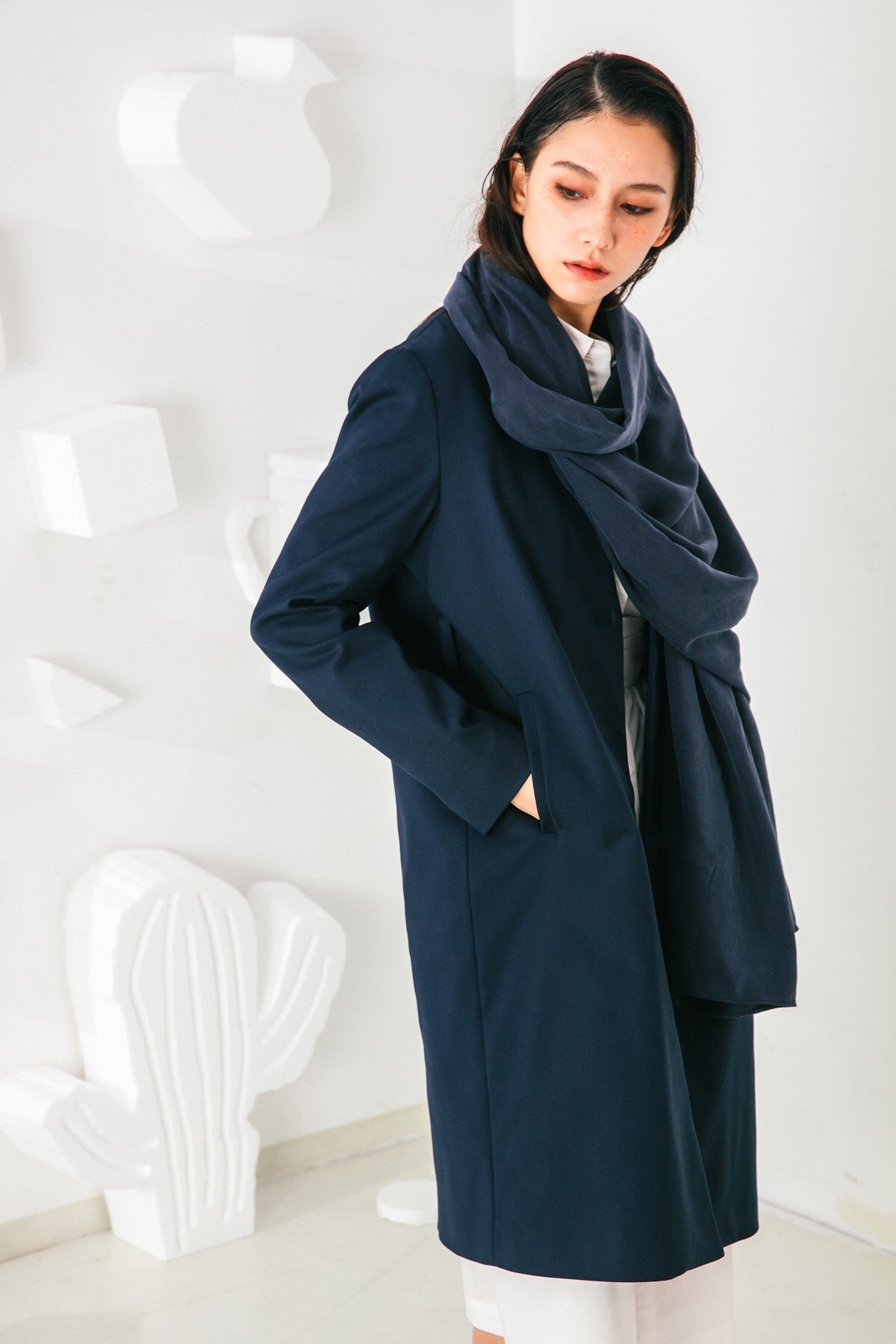 SKYE San Francisco SF shop ethical sustainable modern minimalist elegant quality women clothing fashion brand Fayette Insulated Scarf Coat blue 3