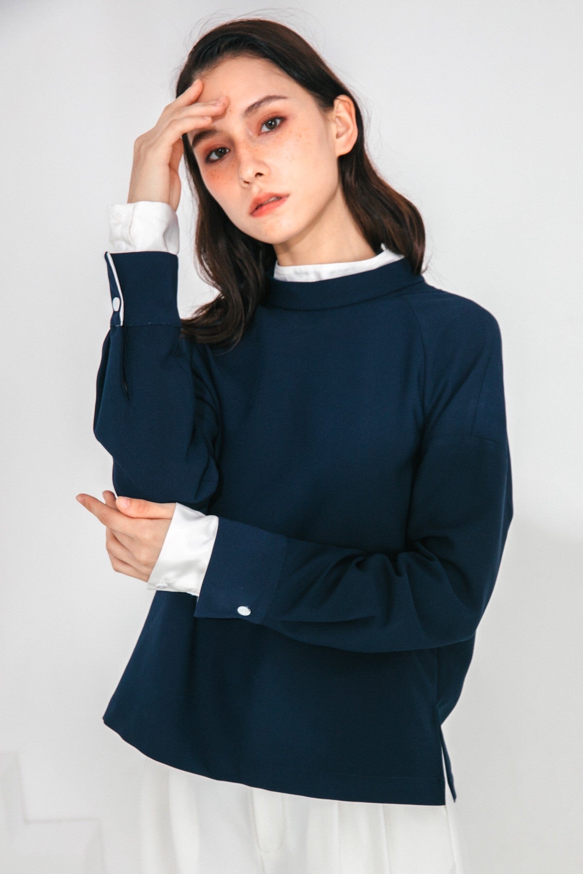 SKYE San Francisco SF shop ethical sustainable modern minimalist quality women clothing fashion Clementine Top faux 2 piece navy 3