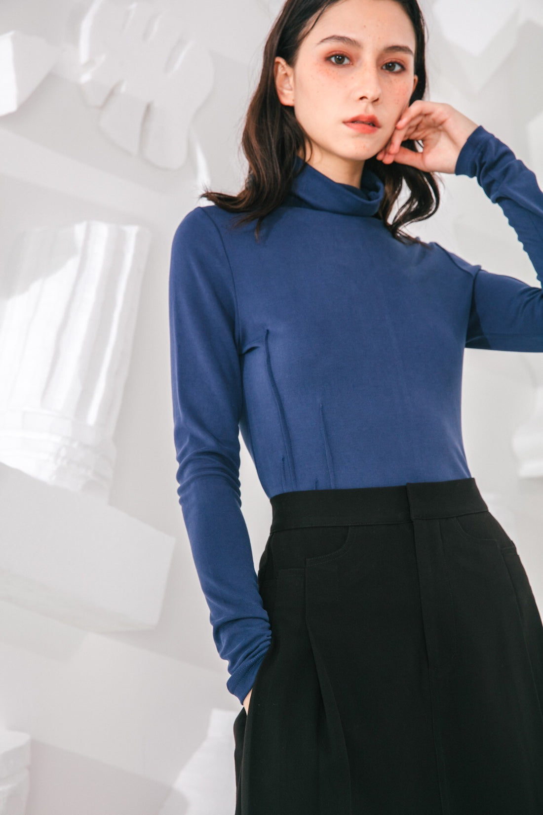 SKYE San Francisco SF shop ethical sustainable modern minimalist quality women clothing fashion Noémie Top turtleneck blue