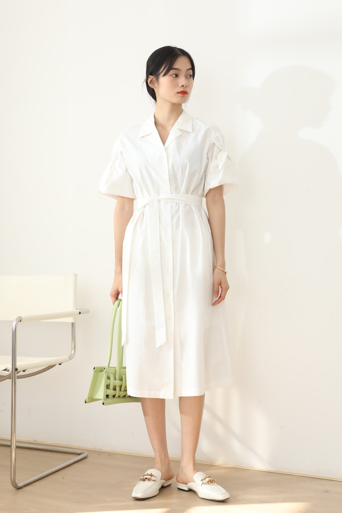 SKYE San Francisco Shop SF Chic Modern Elegant Classy Women Clothing French Parisian Minimalist Fashion Charlotte Belted Shirt Dress white