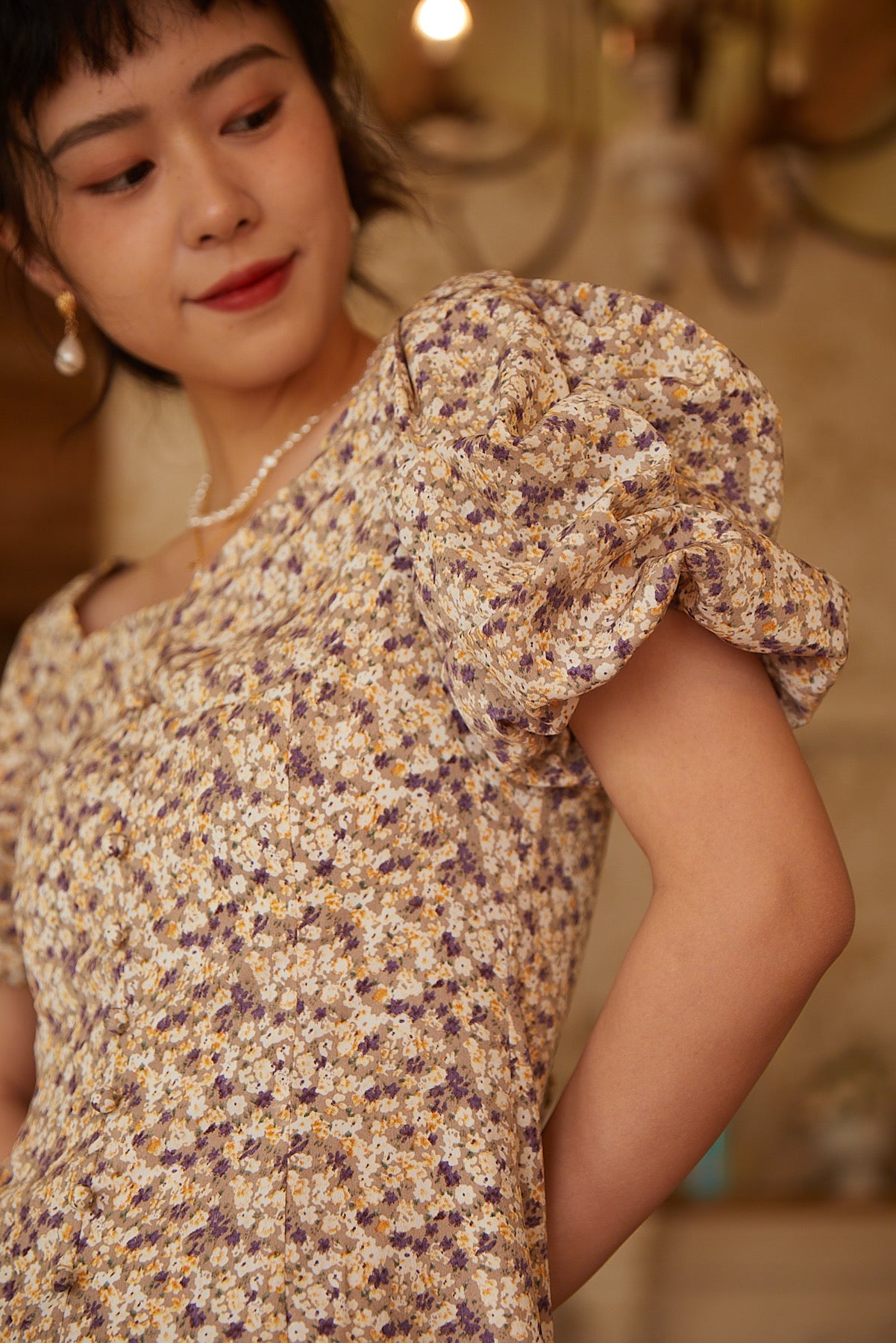 SKYE San Francisco Shop SF Chic Modern Elegant Classy Women Clothing French Parisian Minimalist Fashion Sofia Smocked Puff Sleeve Midi Floral Midi Dress 3