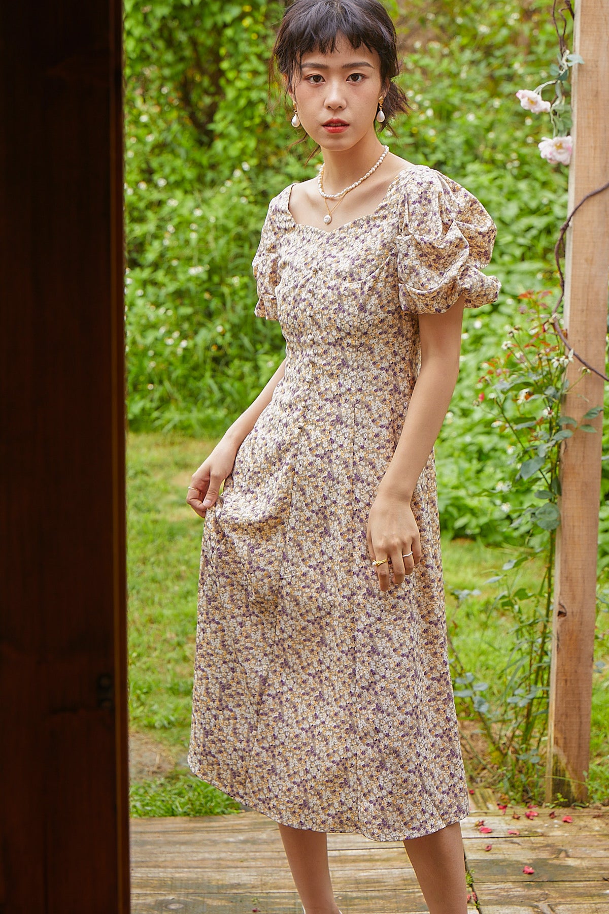 SKYE San Francisco Shop SF Chic Modern Elegant Classy Women Clothing French Parisian Minimalist Fashion Sofia Smocked Puff Sleeve Midi Floral Midi Dress 5