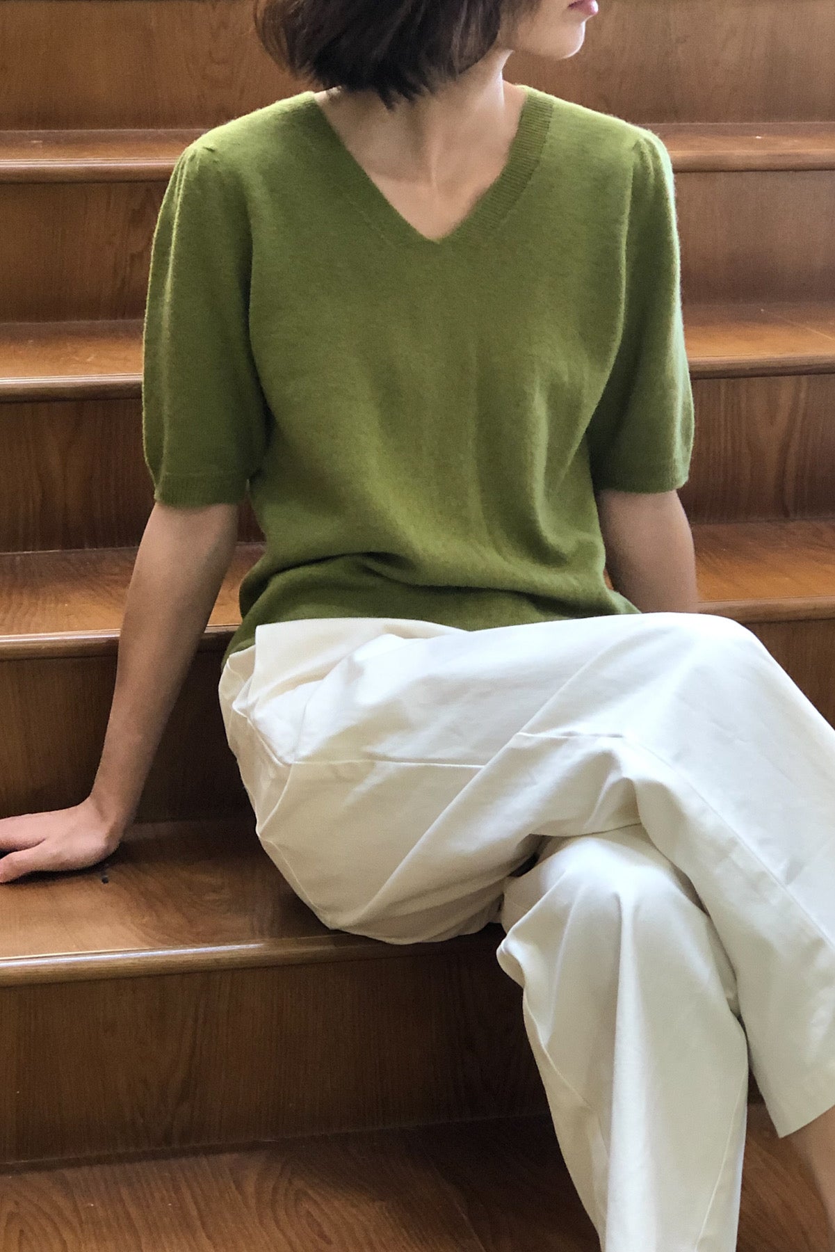 SKYE San Francisco Shop SF Chic Modern Elegant Classy Women Clothing French Parisian Minimalist Fashion Style Ambre Merino Wool V neck Sweater Green