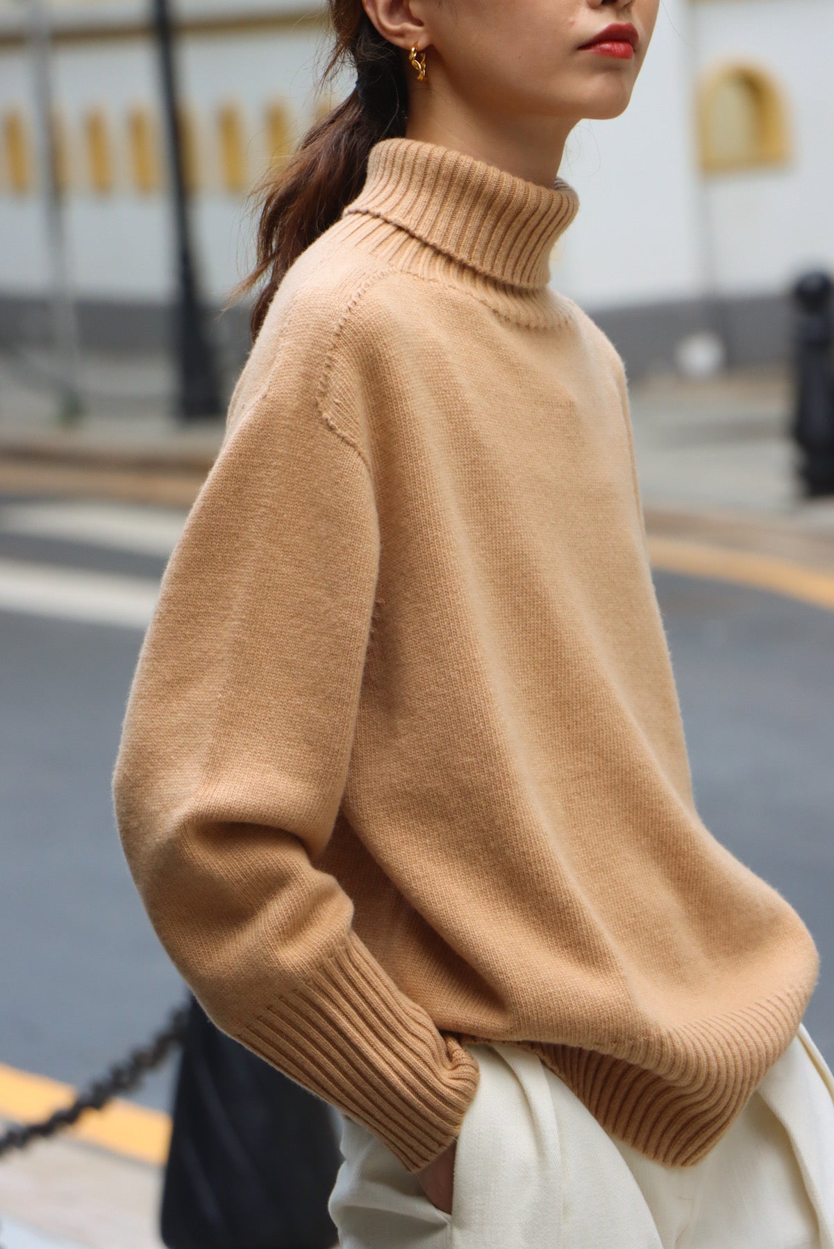 SKYE San Francisco Shop SF Chic Modern Elegant Classy Women Clothing French Parisian Minimalist Fashion Style Chantae Turtleneck Merino Wool Sweater Beige