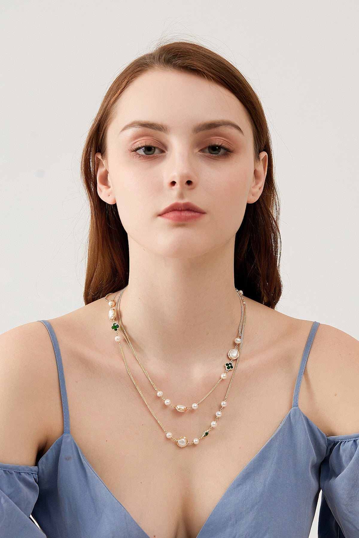 SKYE San Francisco Shop SF Chic Modern Elegant Classy Women Jewelry French Parisian Minimalist Estelle Clover Pearl Long Layered NecklaceEstelle Clover Pearl Long Layered Necklace 2