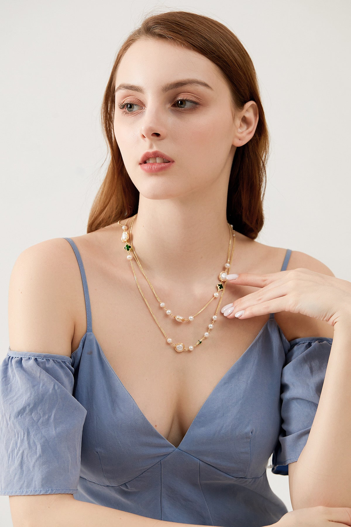 SKYE San Francisco Shop SF Chic Modern Elegant Classy Women Jewelry French Parisian Minimalist Estelle Clover Pearl Long Layered NecklaceEstelle Clover Pearl Long Layered Necklace 3