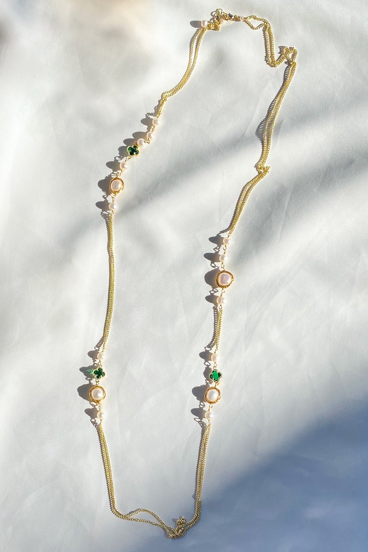 SKYE San Francisco Shop SF Chic Modern Elegant Classy Women Jewelry French Parisian Minimalist Estelle Clover Pearl Long Layered NecklaceEstelle Clover Pearl Long Layered Necklace 6