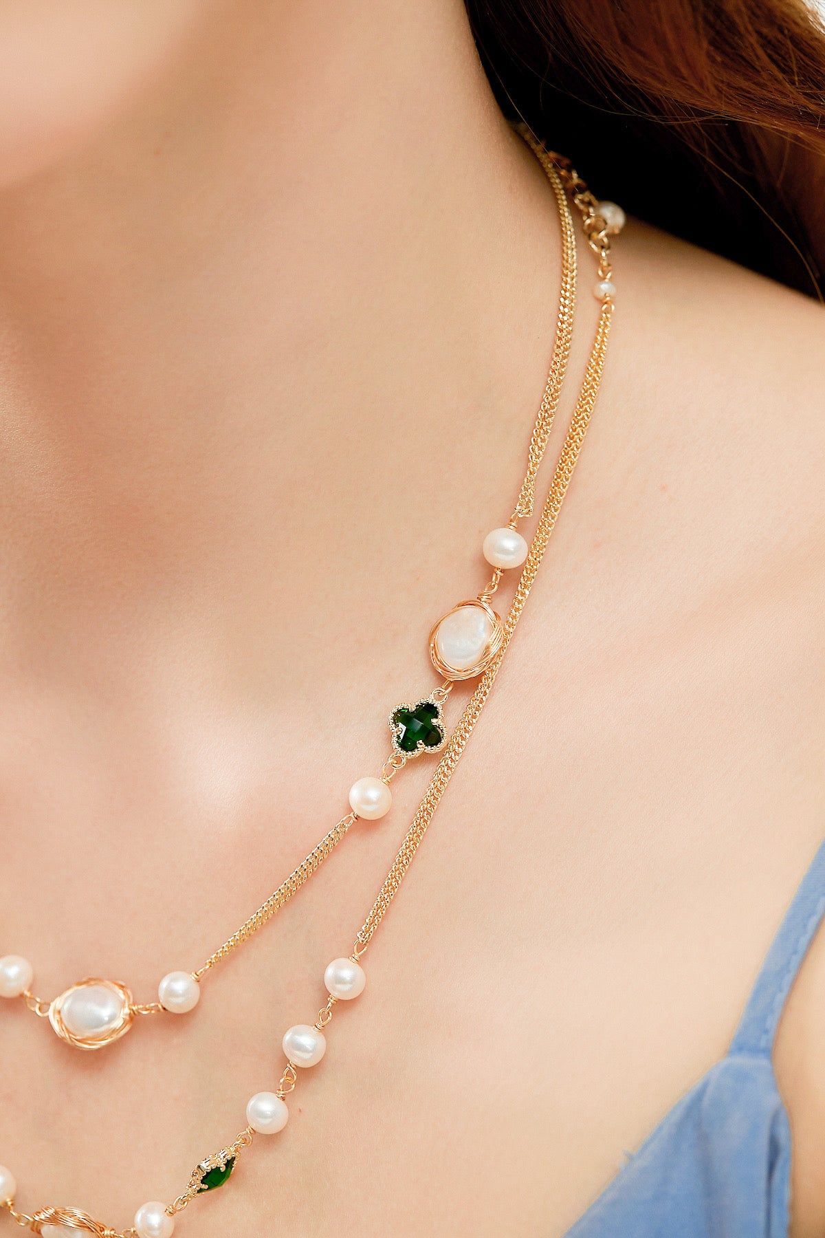 SKYE San Francisco Shop SF Chic Modern Elegant Classy Women Jewelry French Parisian Minimalist Estelle Clover Pearl Long Layered NecklaceEstelle Clover Pearl Long Layered Necklace 7