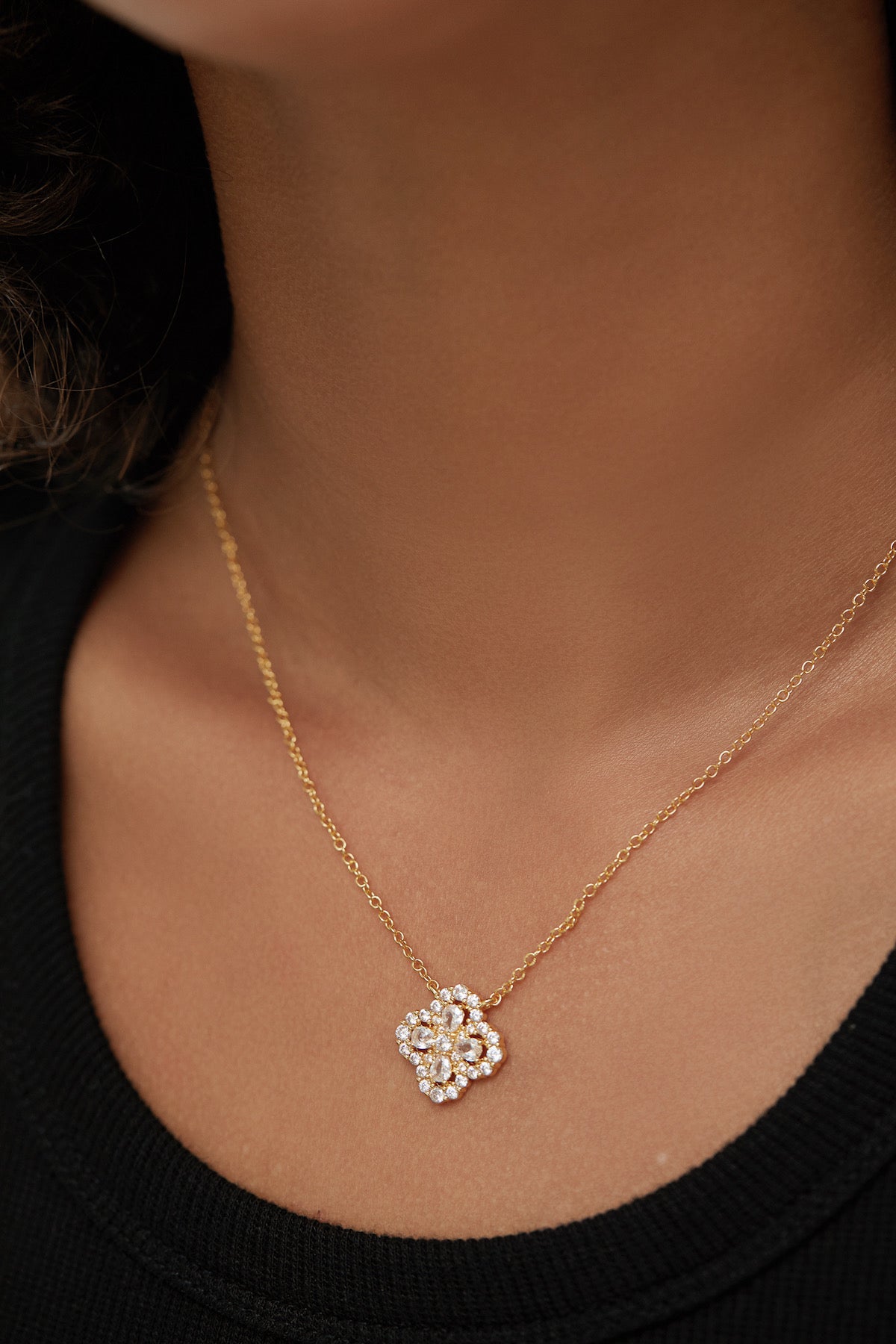 Gold Flower Clover Necklace with Crystal