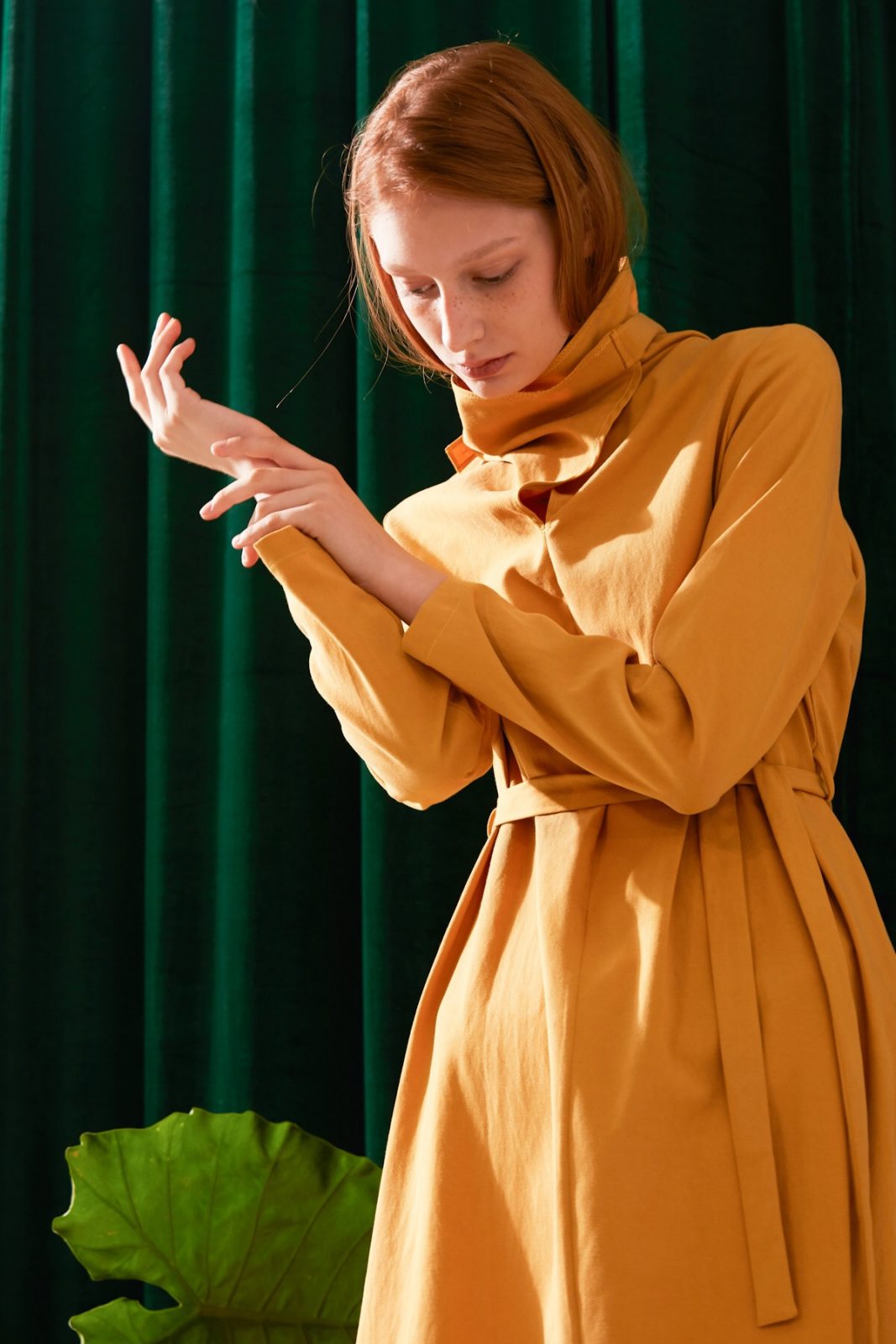 SKYE modern minimalist women fashion long sleeve asymmetric high collar dress mustard 5