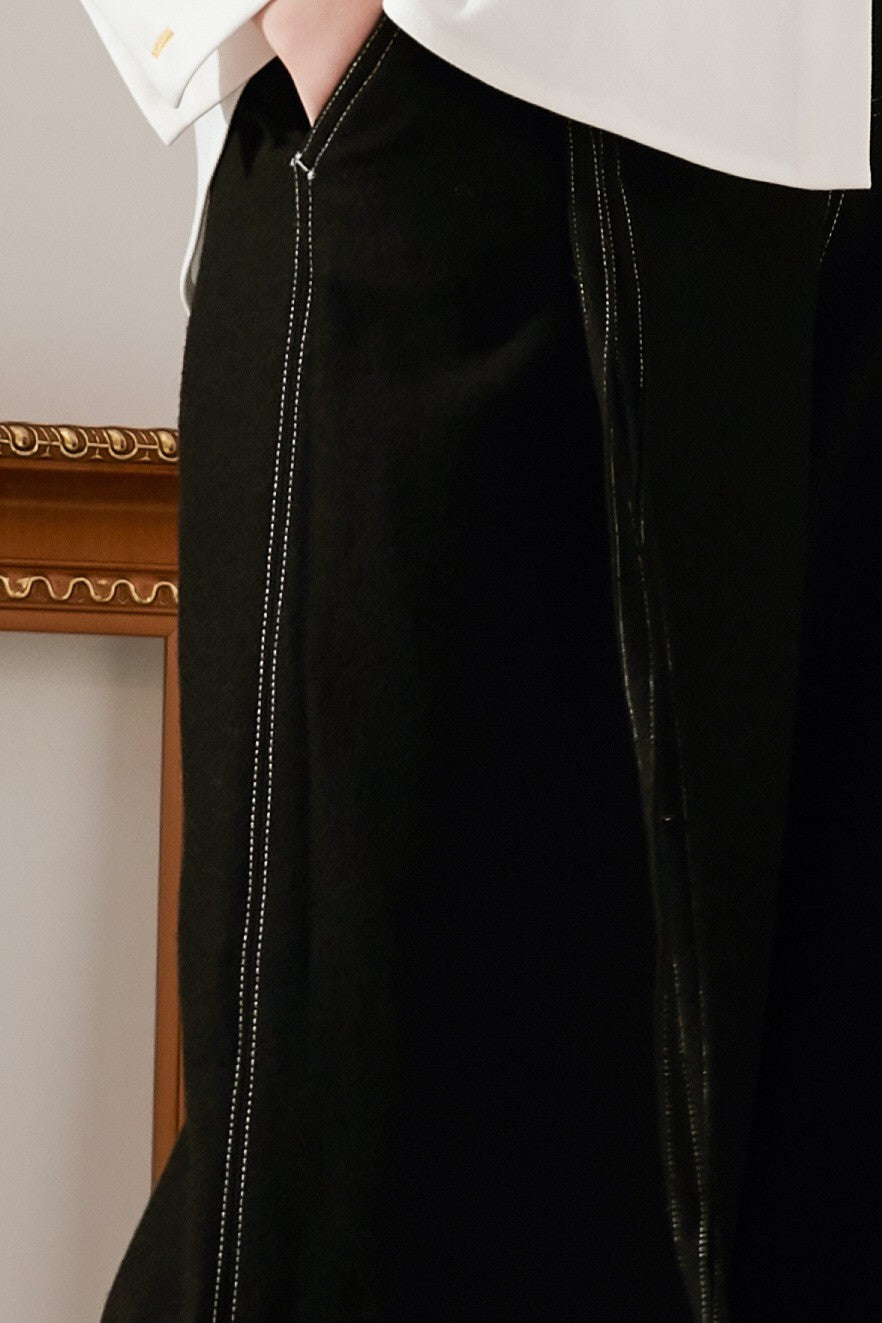 SKYE modern minimalist women fashion long wool wide legged pants with tie belt black 10
