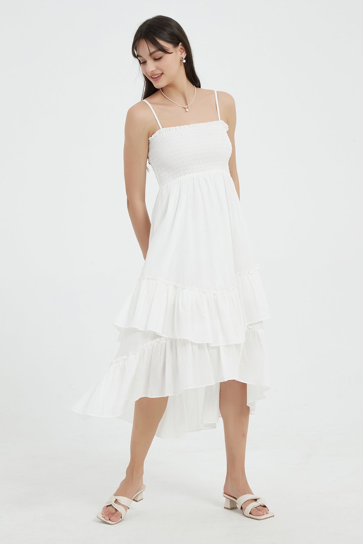 Sophie Smocked Tiered High-Low Midi Dress White / S / Final Sale Sophie Smocked Tiered High-Low Midi Dress White / S / Final Sale