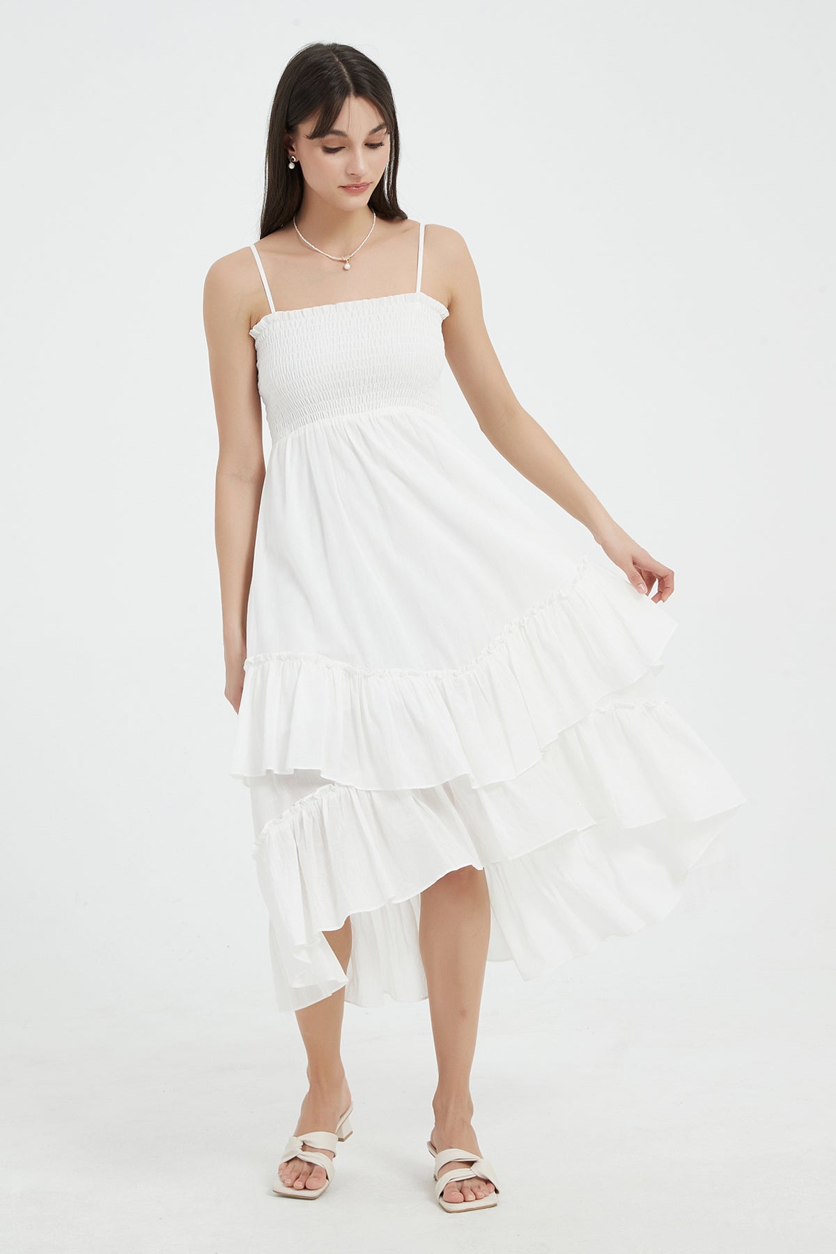 Sophie Smocked Tiered High Low Maxi Dress5