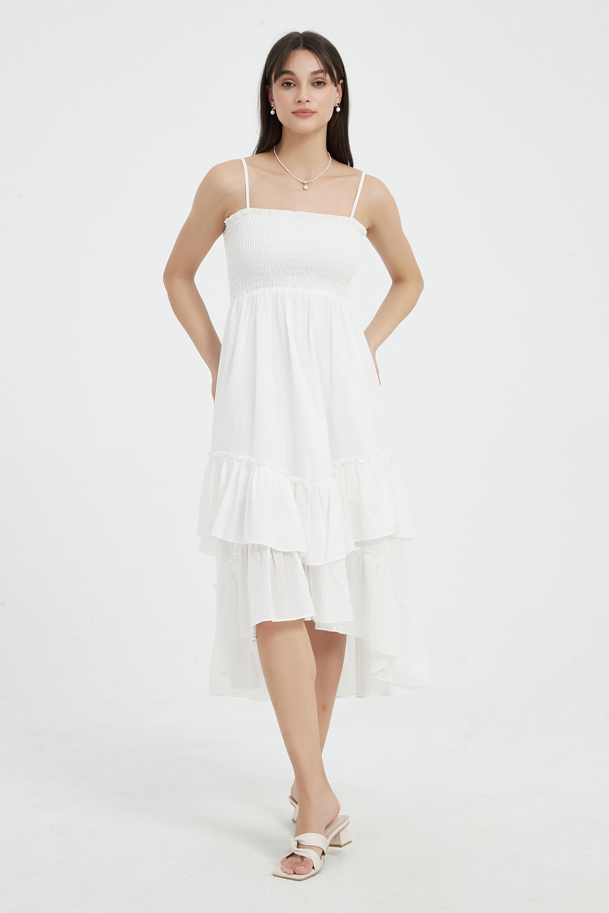 Sophie Smocked Tiered High Low Maxi Dress7
