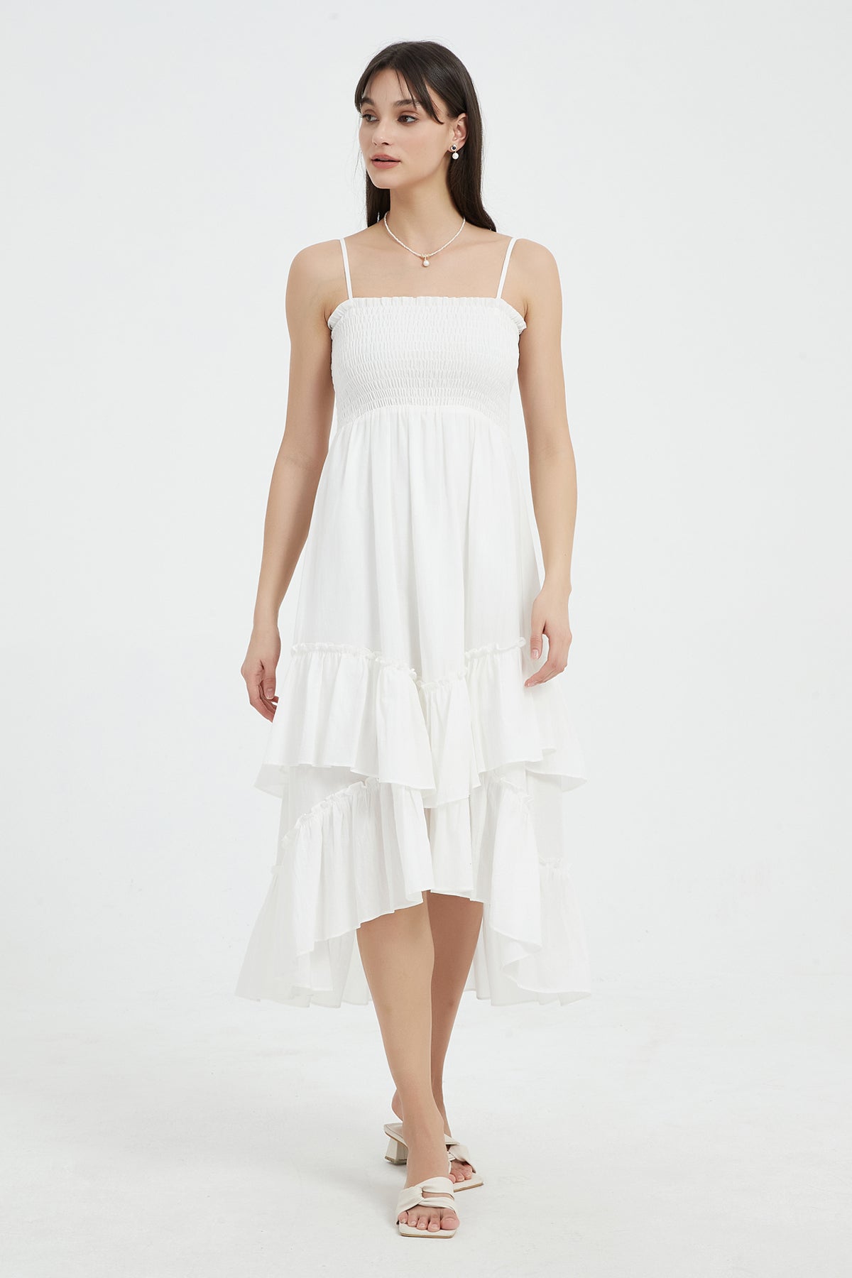 Sophie Smocked Tiered High Low Maxi Dress8