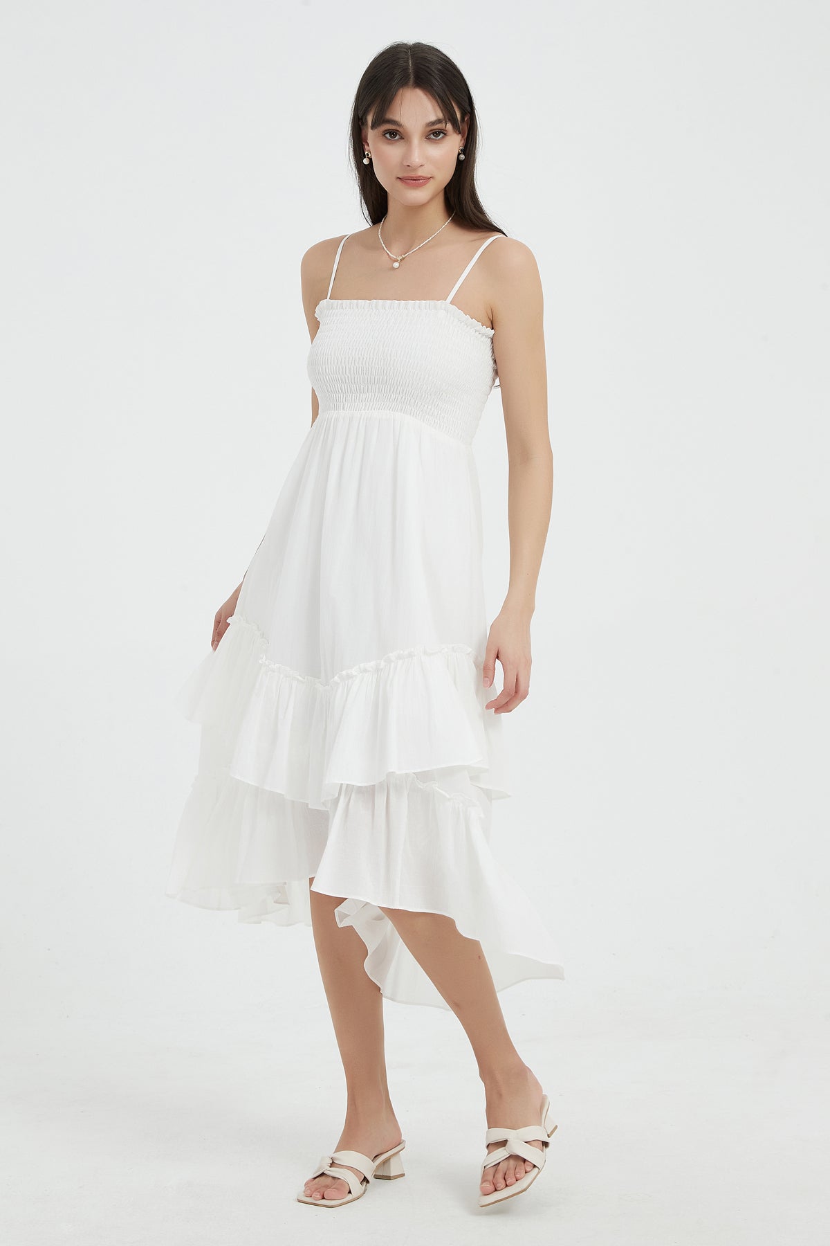 Sophie Smocked Tiered High Low Maxi Dress9