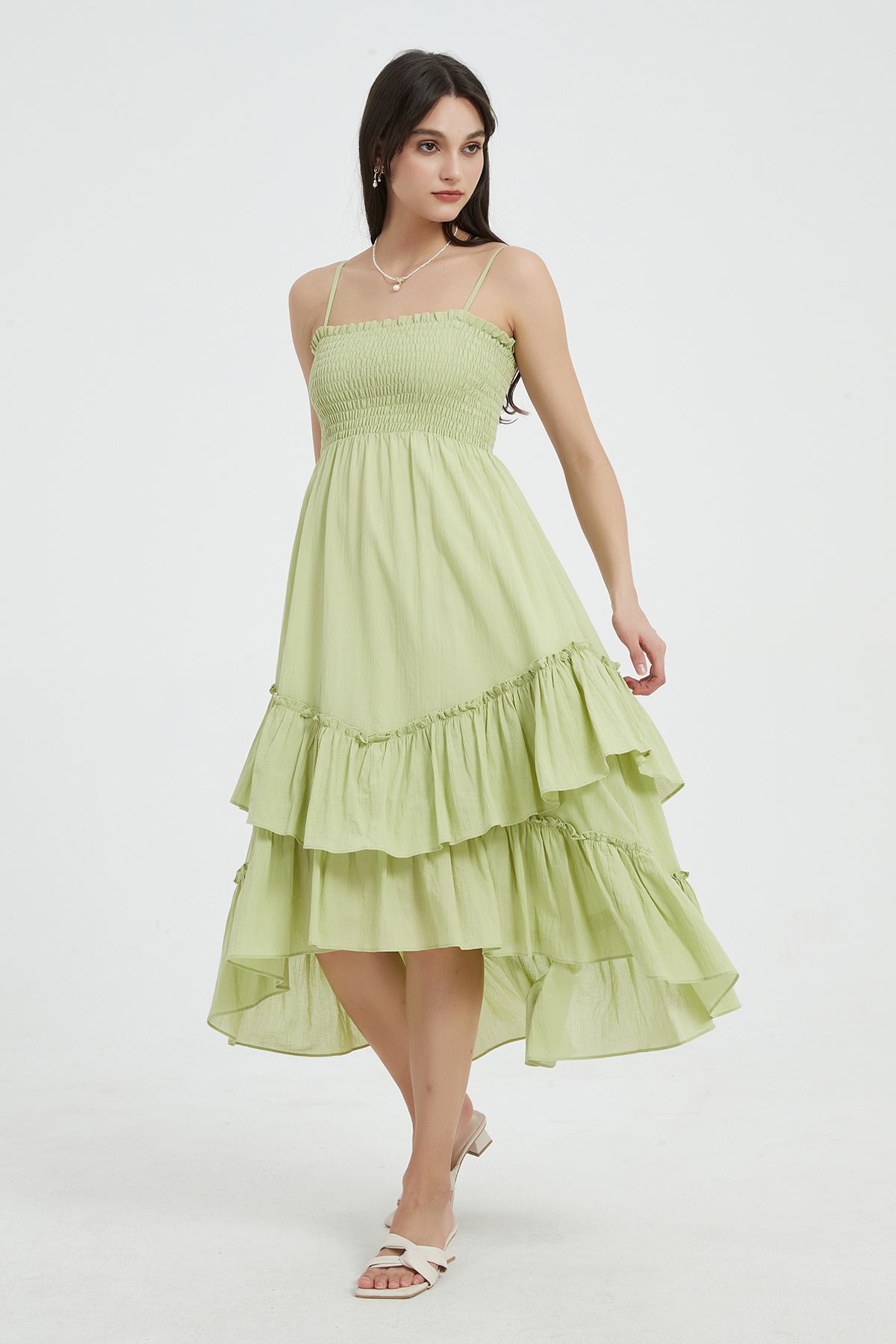 Sophie Smocked Tiered High Low Midi Dress Green5