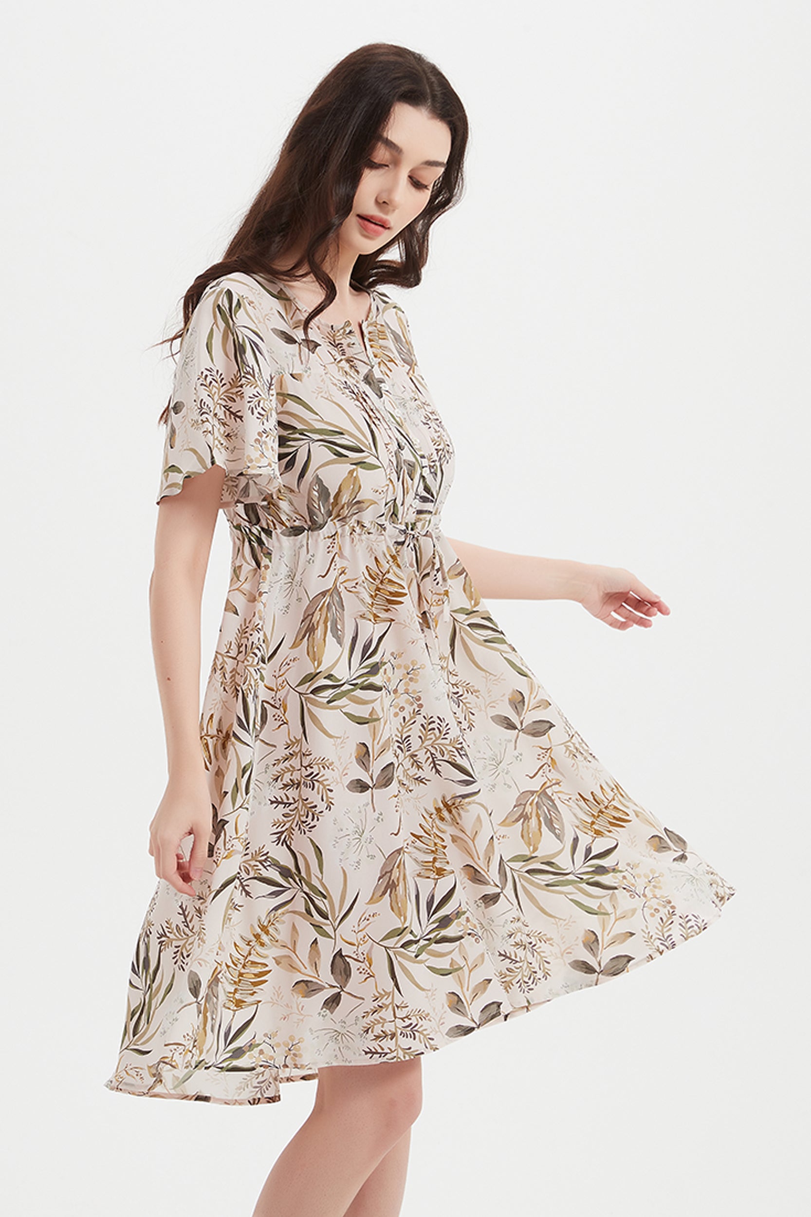 Alice V-neck Leaf Print Silk Dress