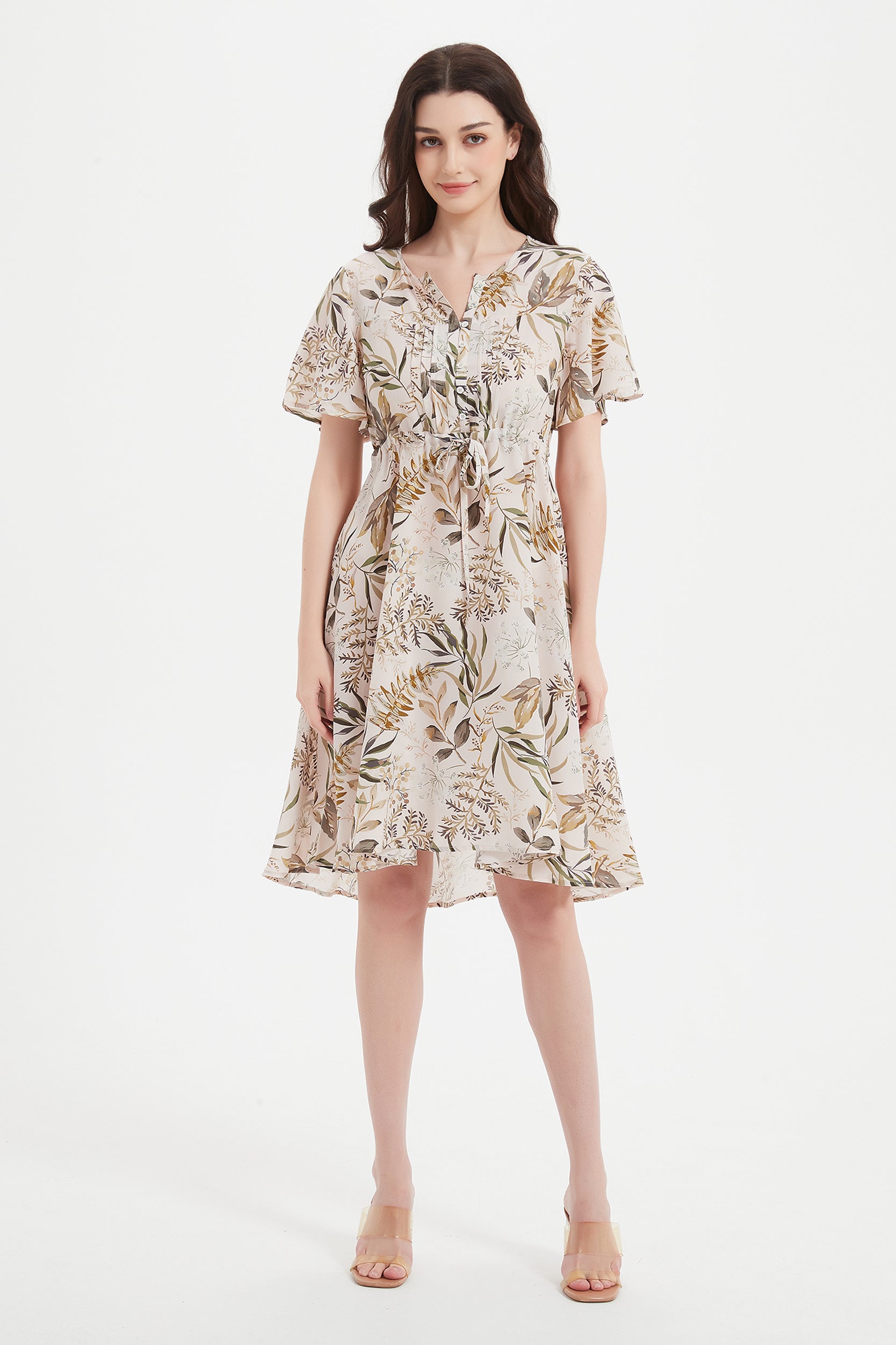 Alice V-neck Leaf Print Silk Dress