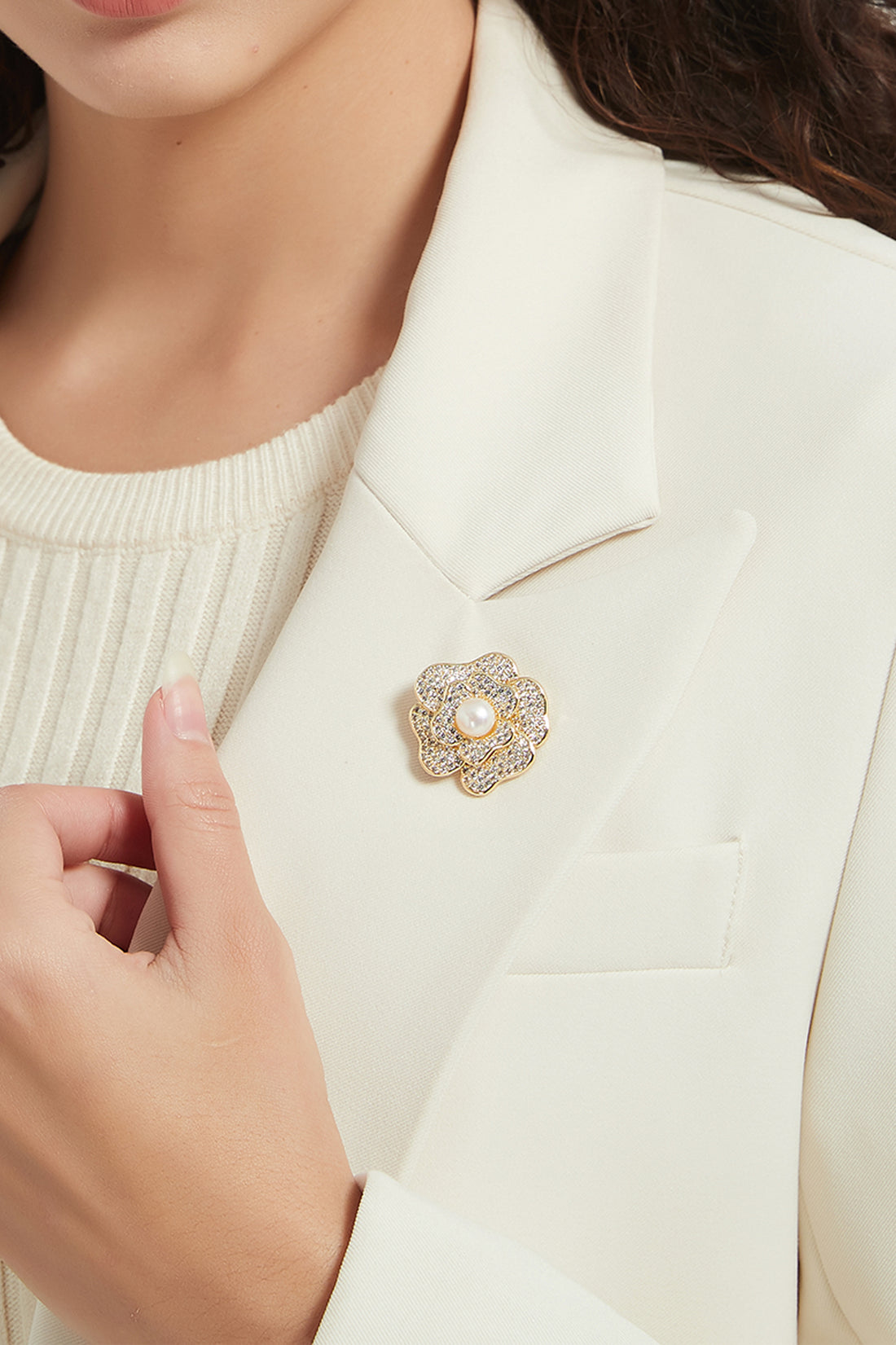 Carmen Gold Pave Rhinestone Rose Brooch