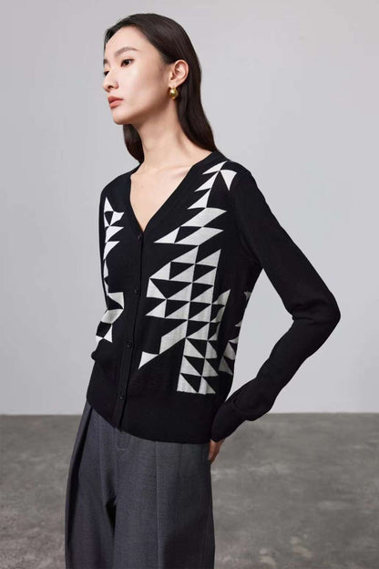 Holly V-neck Geometrical Merino Wool Cardigan