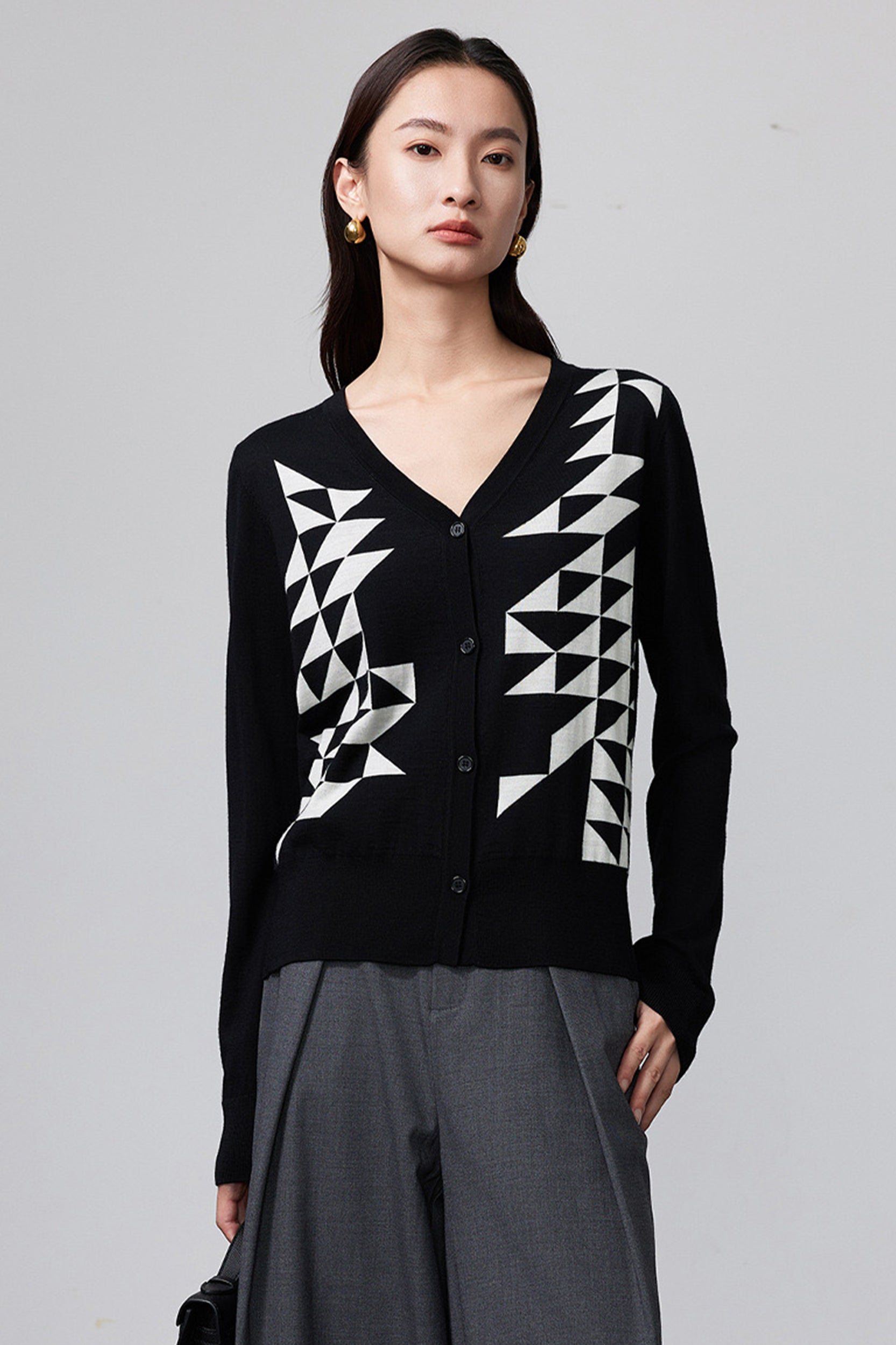 Holly V-neck Geometrical Merino Wool Cardigan