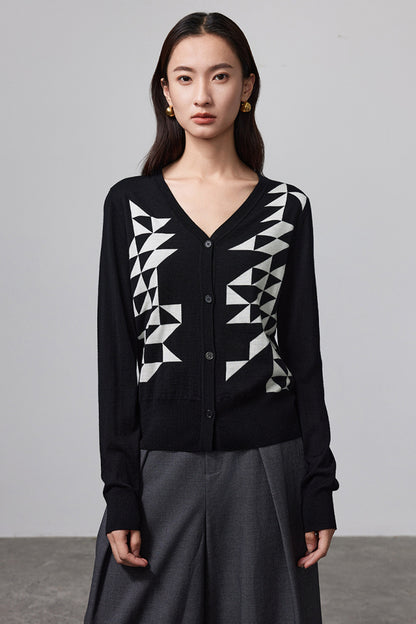 Holly V-neck Geometrical Merino Wool Cardigan