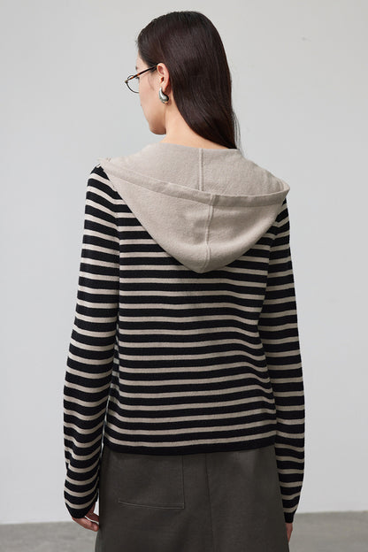 Kaelie Stripped Merino Wool Hooded Cardigan