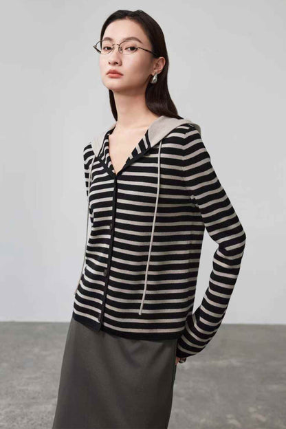 Kaelie Stripped Merino Wool Hooded Cardigan