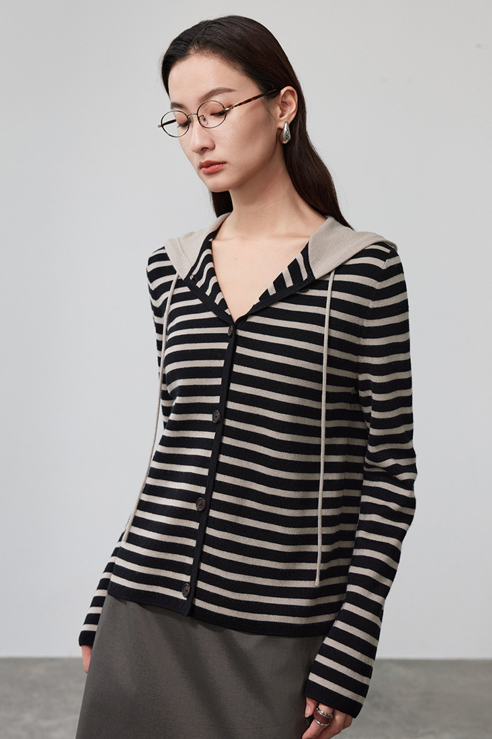 Kaelie Stripped Merino Wool Hooded Cardigan