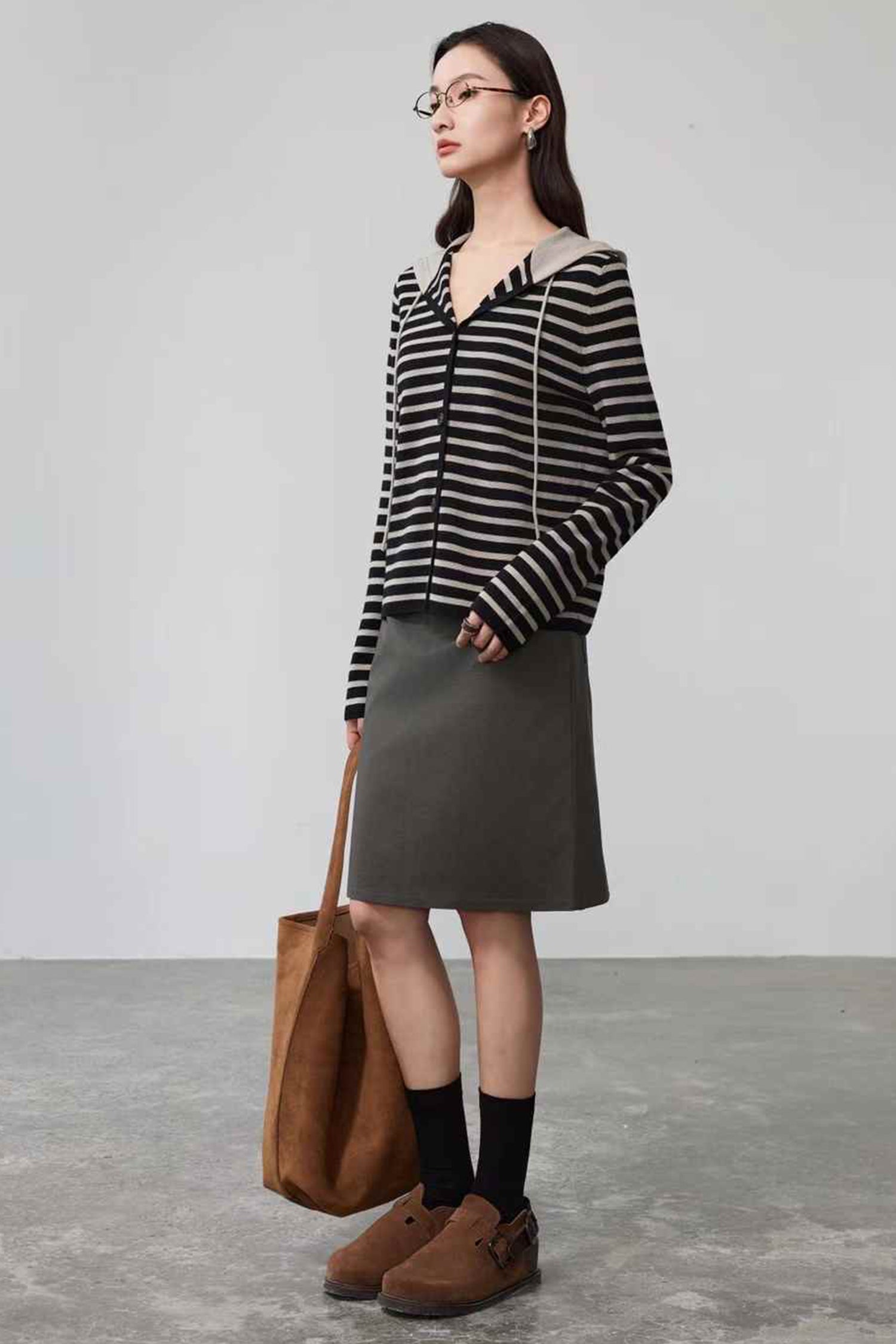 Kaelie Stripped Merino Wool Hooded Cardigan