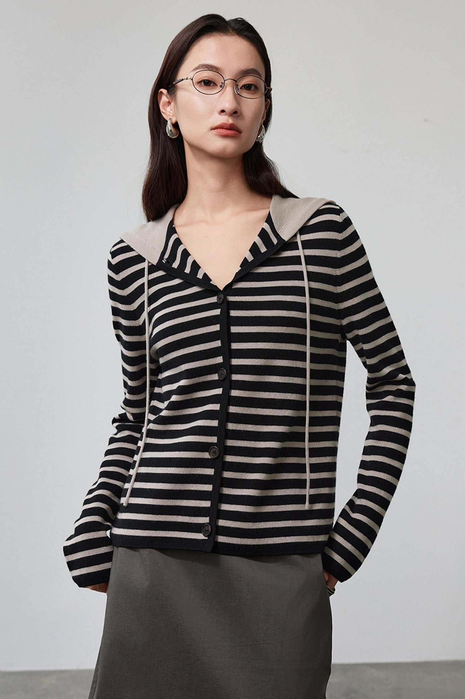 Kaelie Stripped Merino Wool Hooded Cardigan