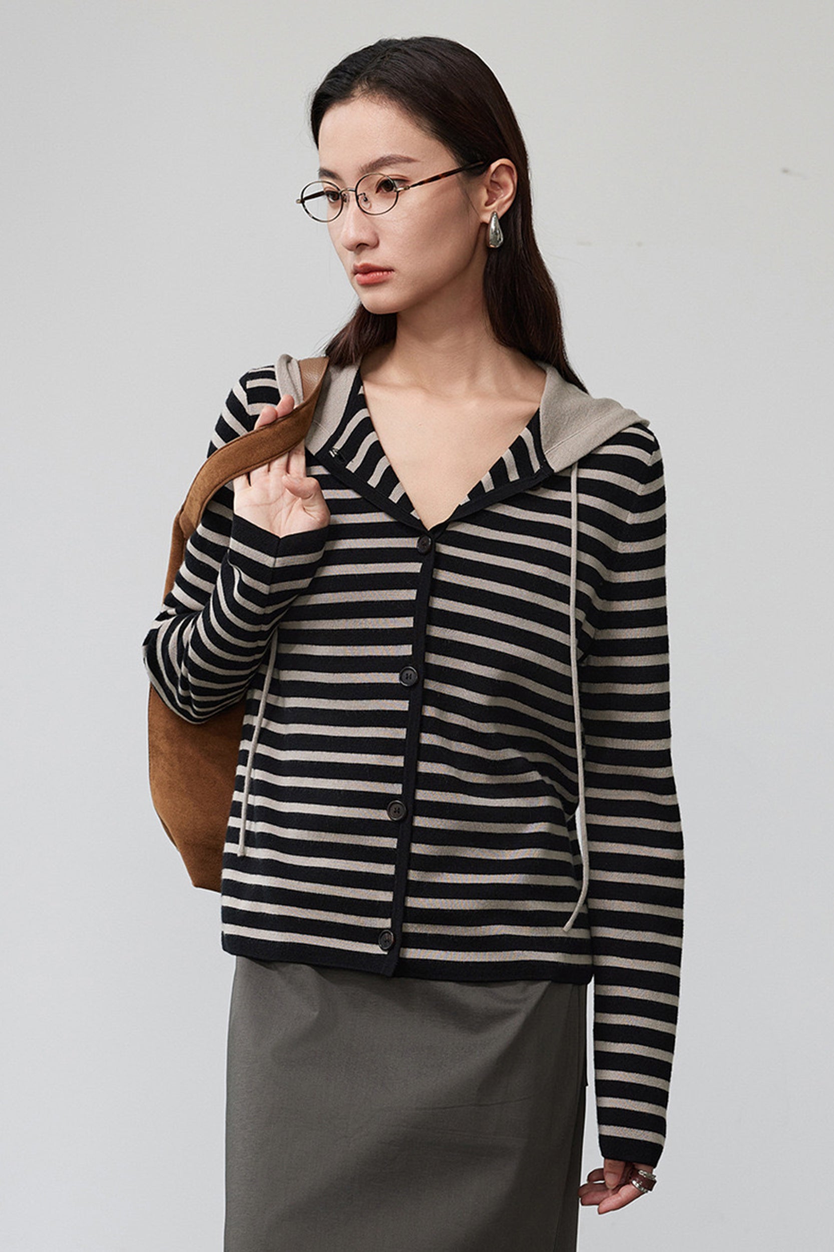 Kaelie Stripped Merino Wool Hooded Cardigan