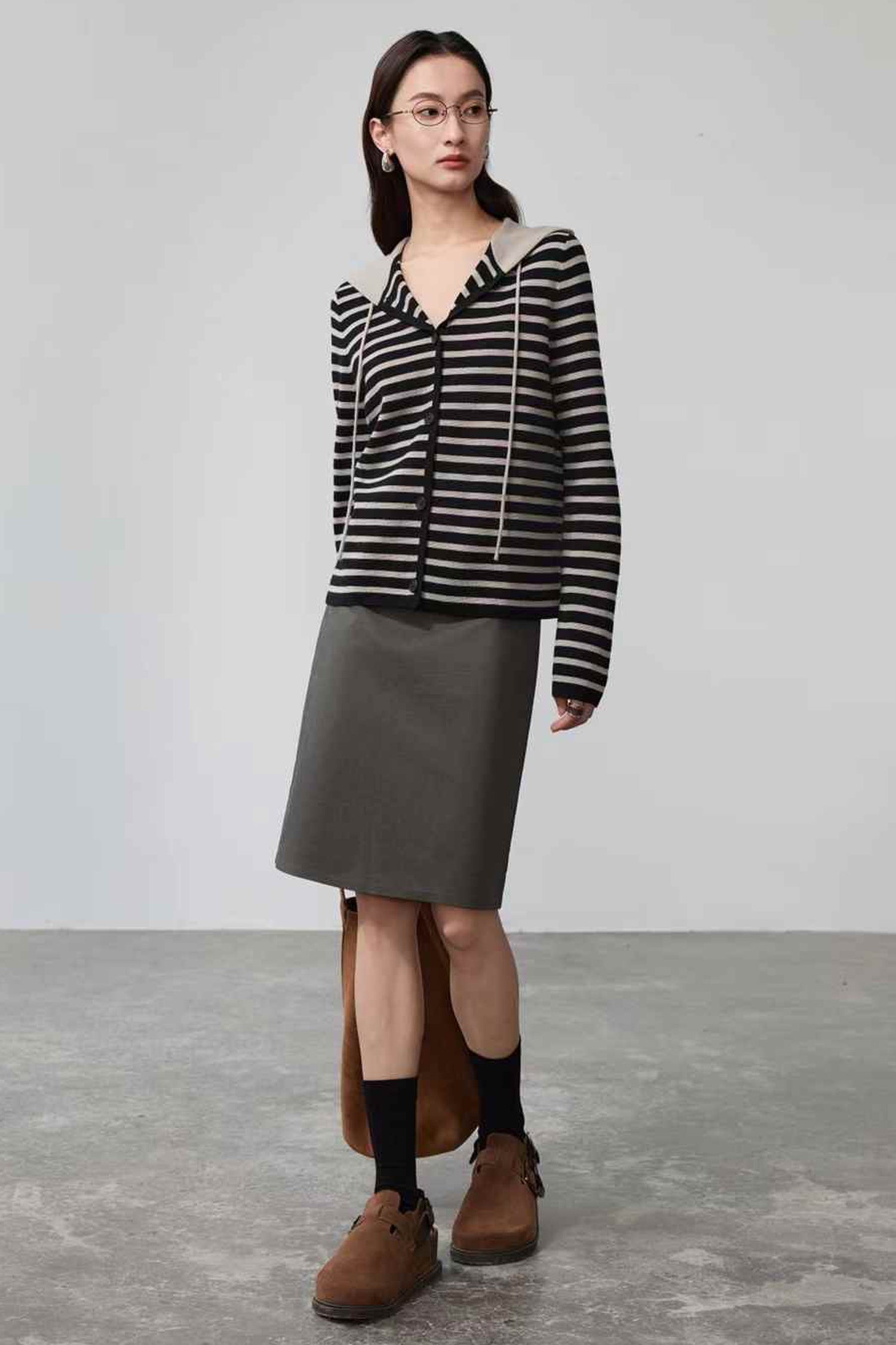 Kaelie Stripped Merino Wool Hooded Cardigan