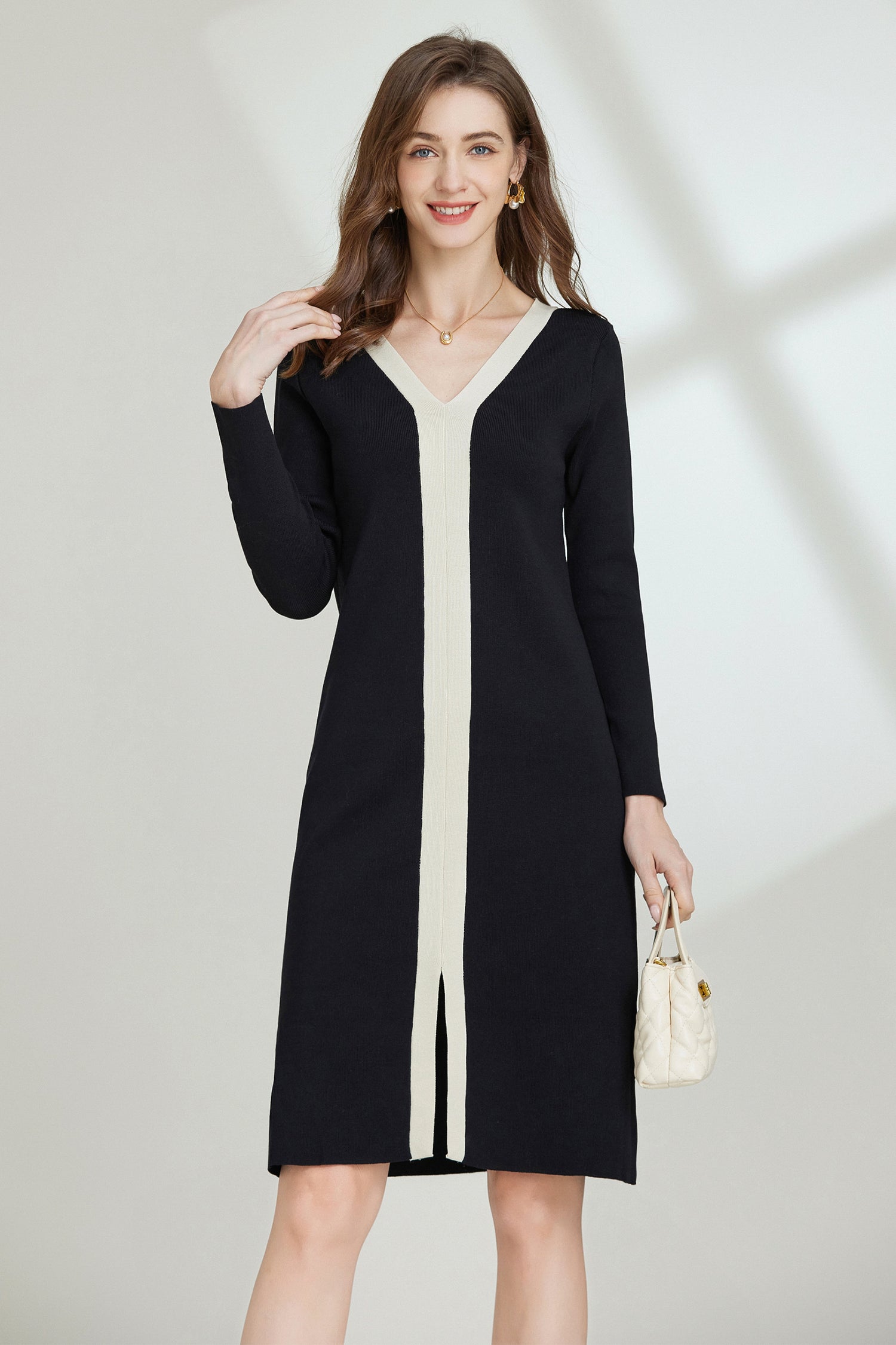 Kylie Contrast Trim V-neck Long Sleeve Dress