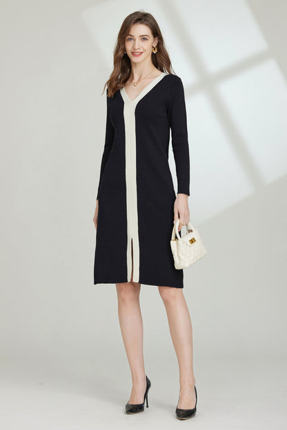 Kylie Contrast Trim V-neck Long Sleeve Dress