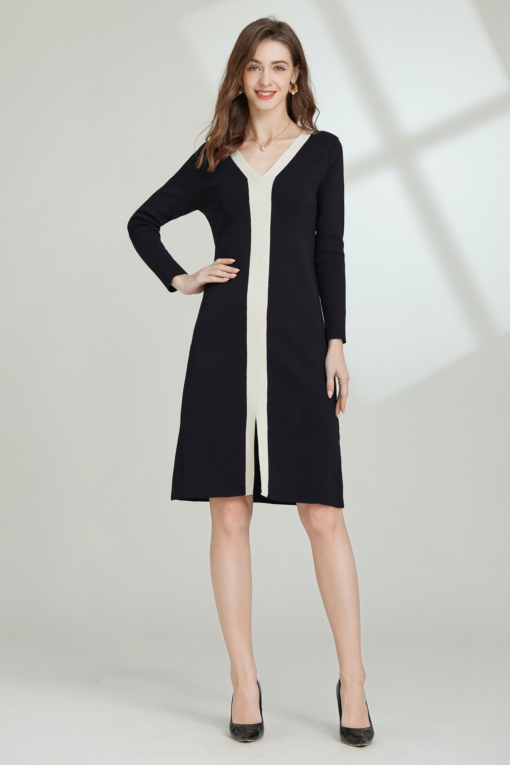 Kylie Contrast Trim V-neck Long Sleeve Dress