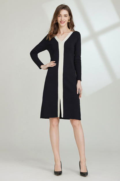 Kylie Contrast Trim V-neck Long Sleeve Dress