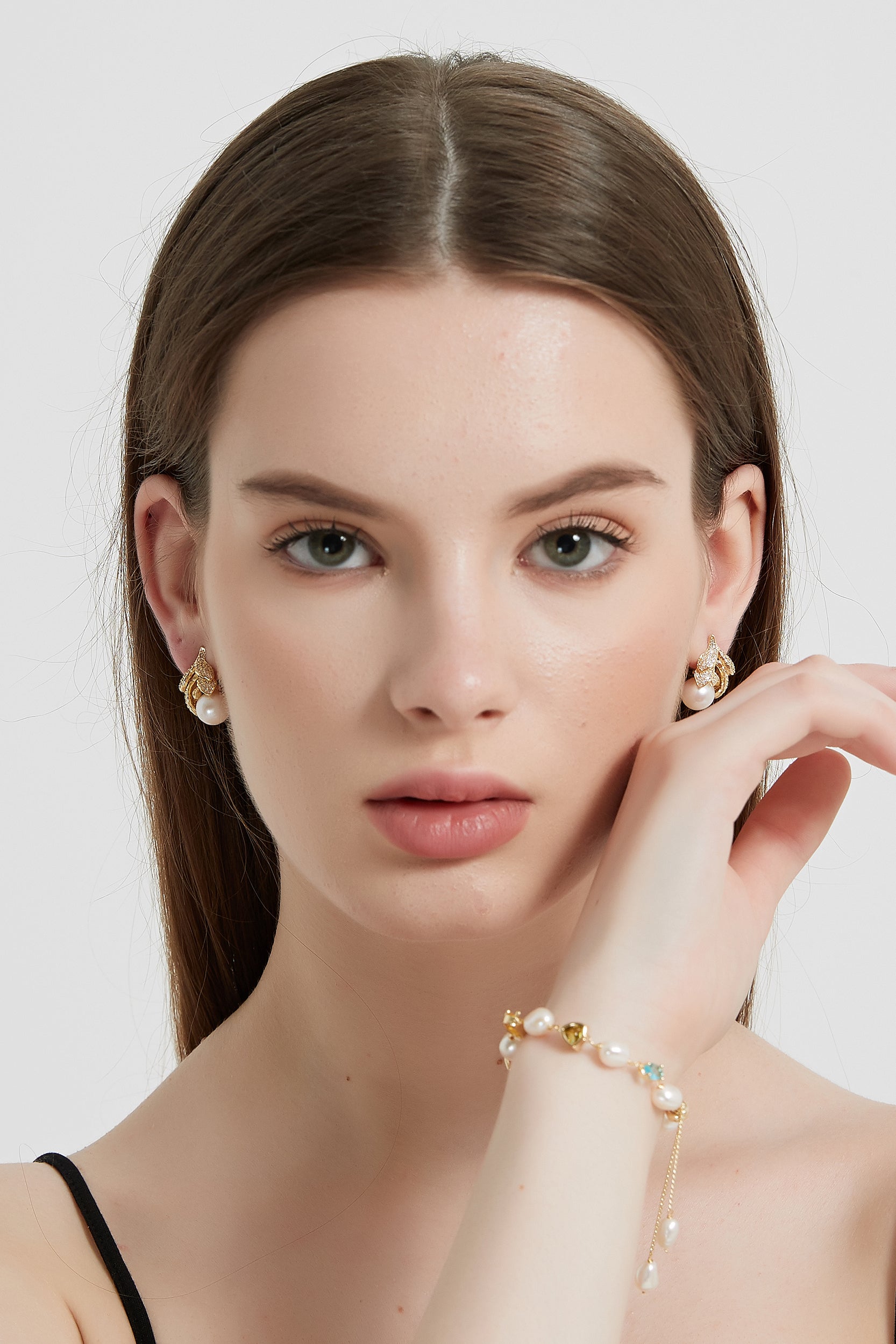Lison 18K Gold-Filled Rhinestone Leaf Pearl Earrings