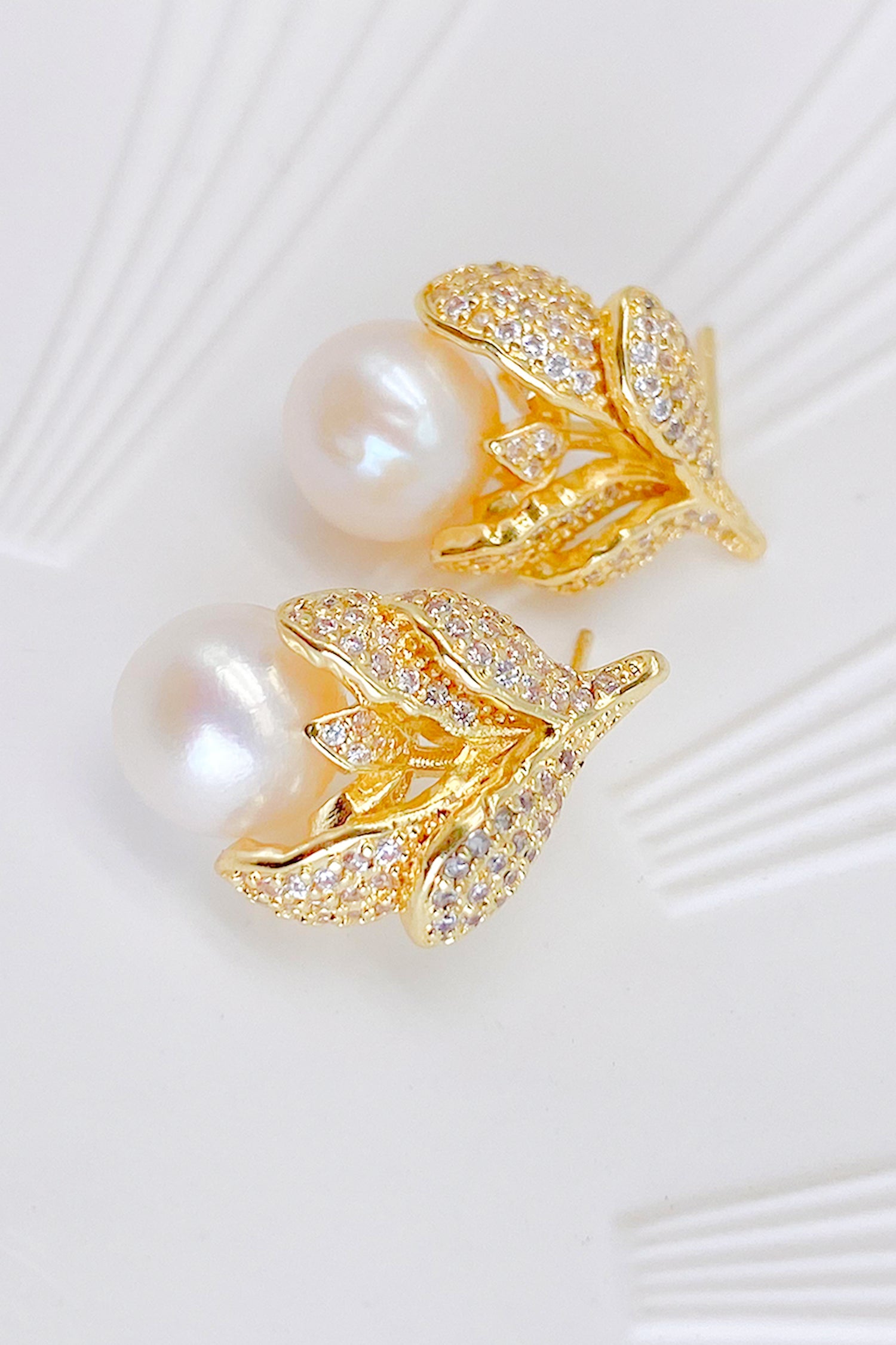 Lison 18K Gold-Filled Rhinestone Leaf Pearl Earrings