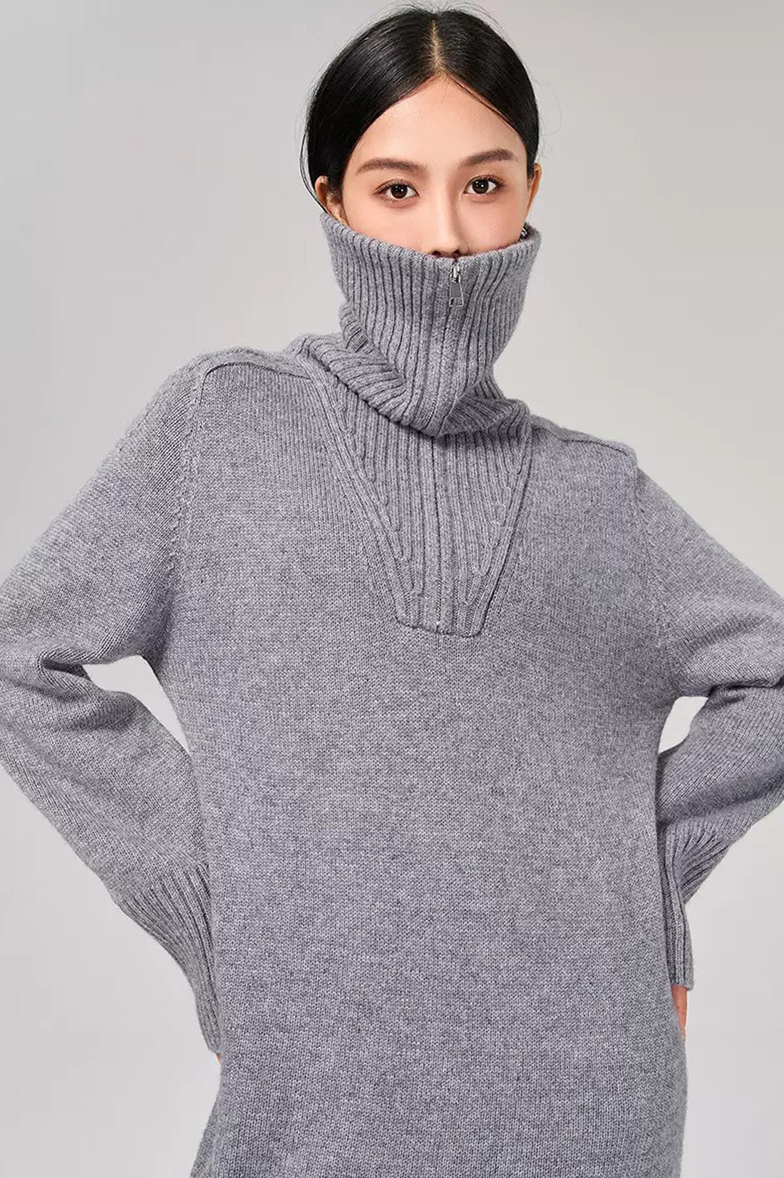 Marcella Zip Collar Merino Wool Ribbed Sweater Dress