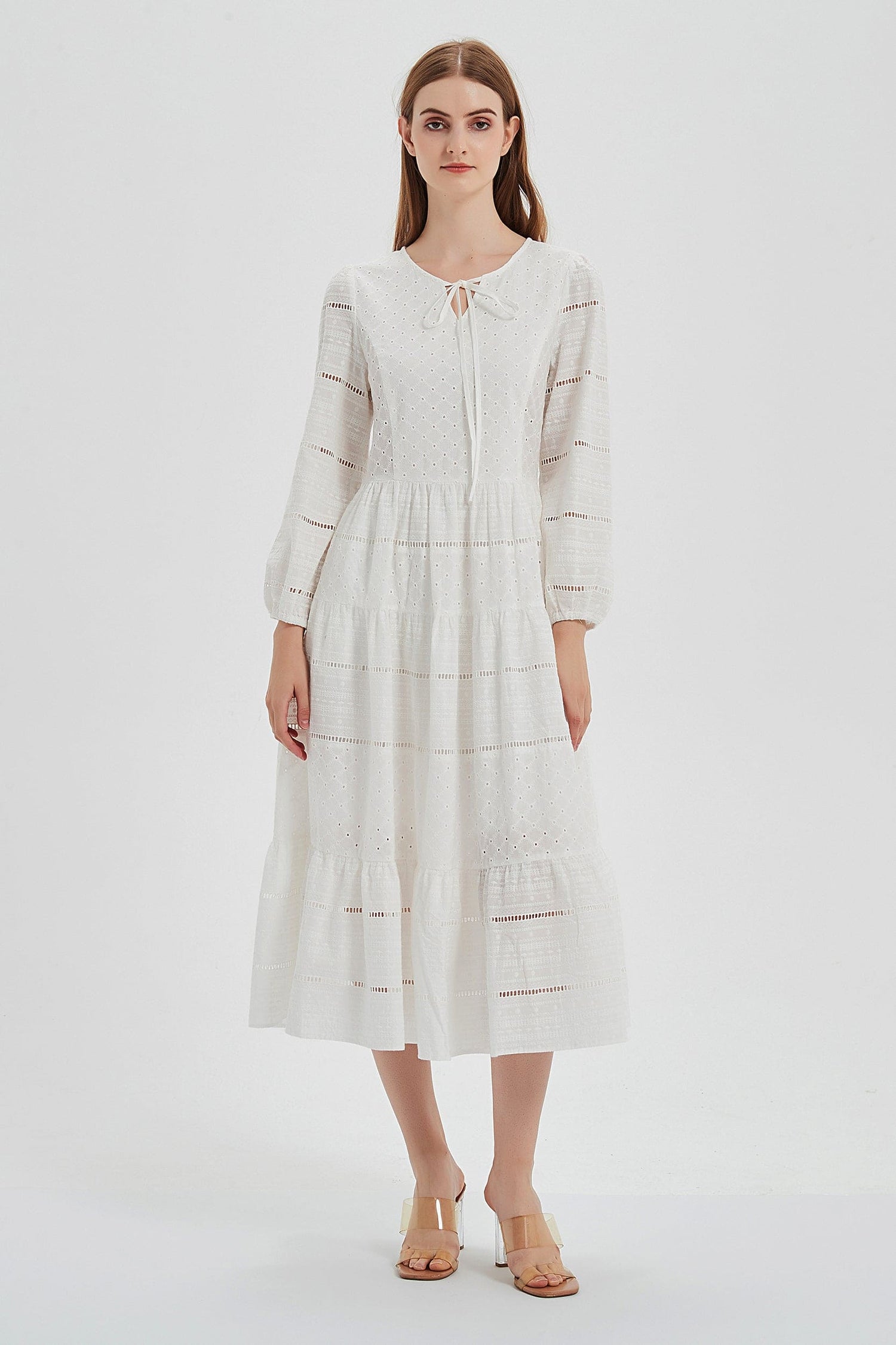 SKYE | Matilda Cotton Eyelet Embroidered Tiered Midi Dress | Elegant Capsule Wardrobe SKYE | Matilda Cotton Eyelet Embroidered Tiered Midi Dress | Elegant Capsule Wardrobe