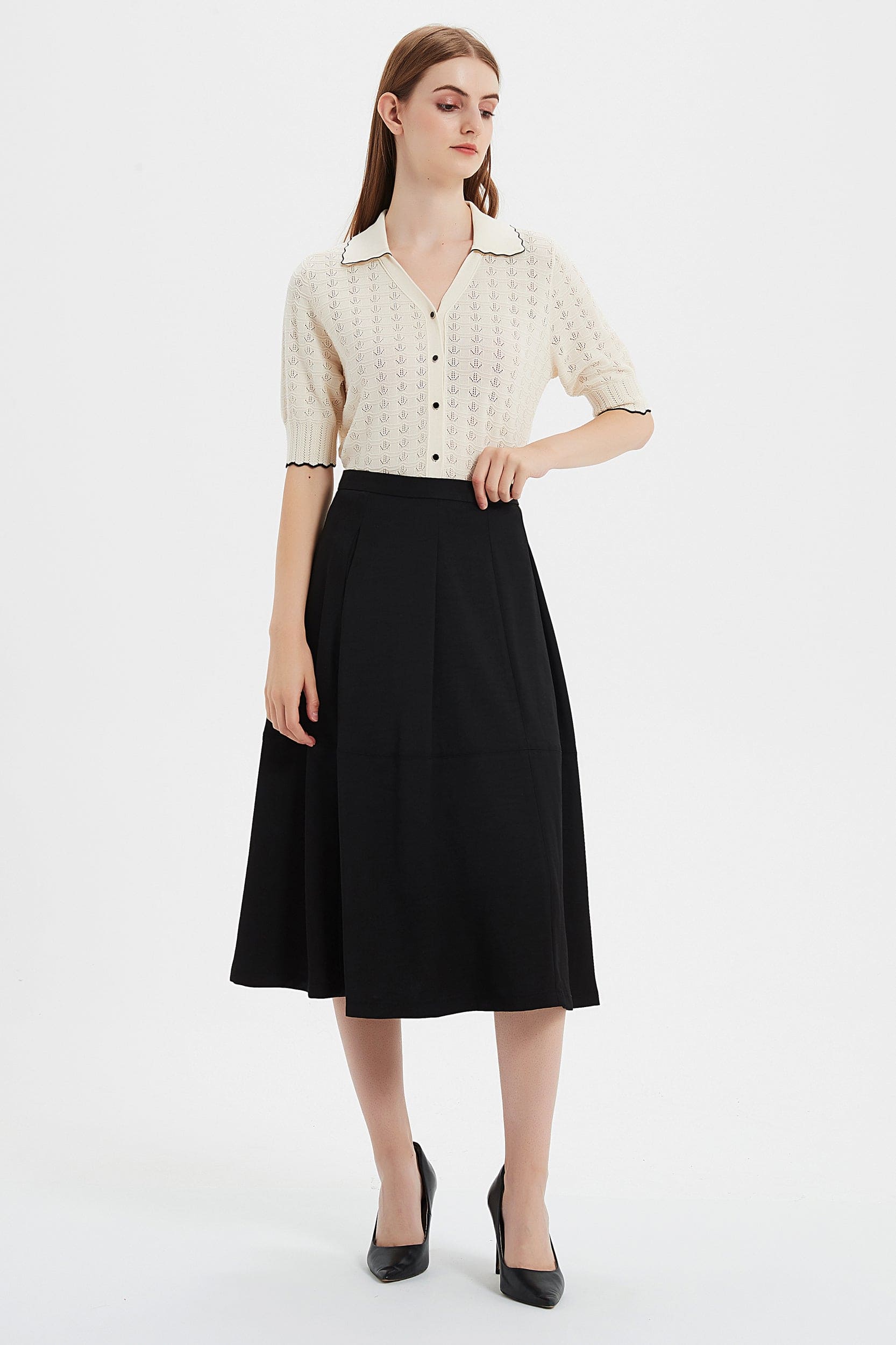 Tencel Blend Stretchy Knit Top And A-Line Skirt Two-Piece Set