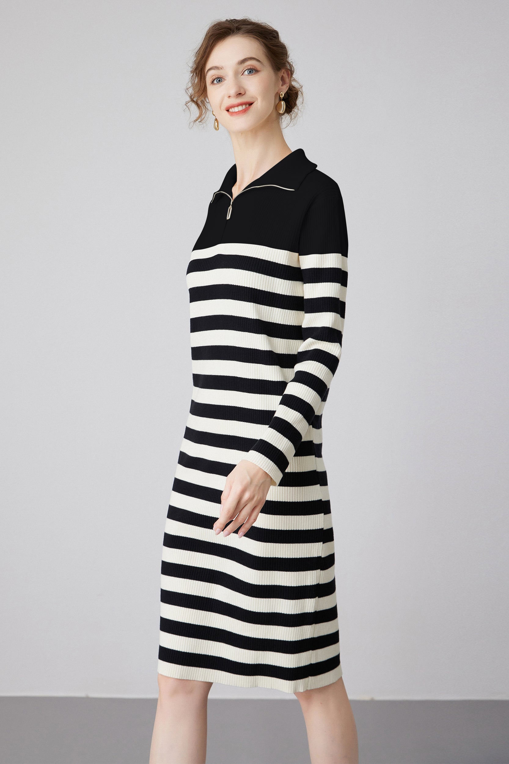 SKYE | Micaela Quarter Striped Sweater Luxury Quiet Dress | Knit Capsule Zip Wardrobe