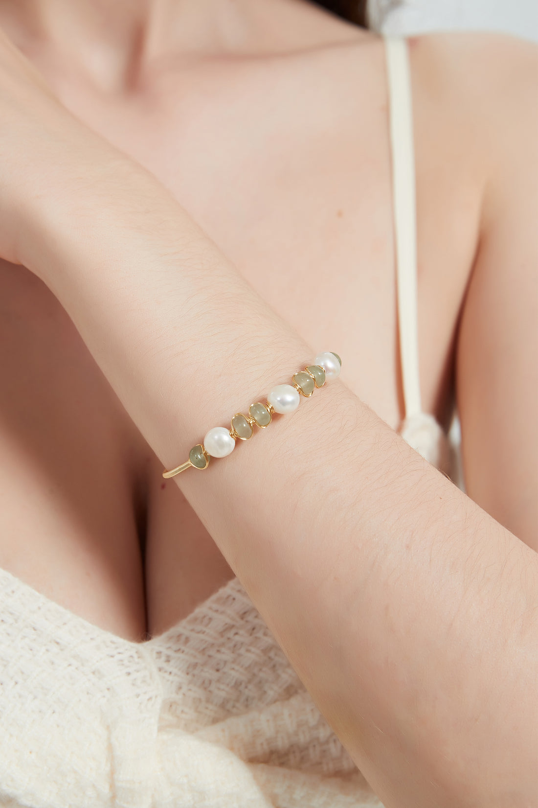 Nyla Natural Jade Freshwater Pearls Gold Bracelet