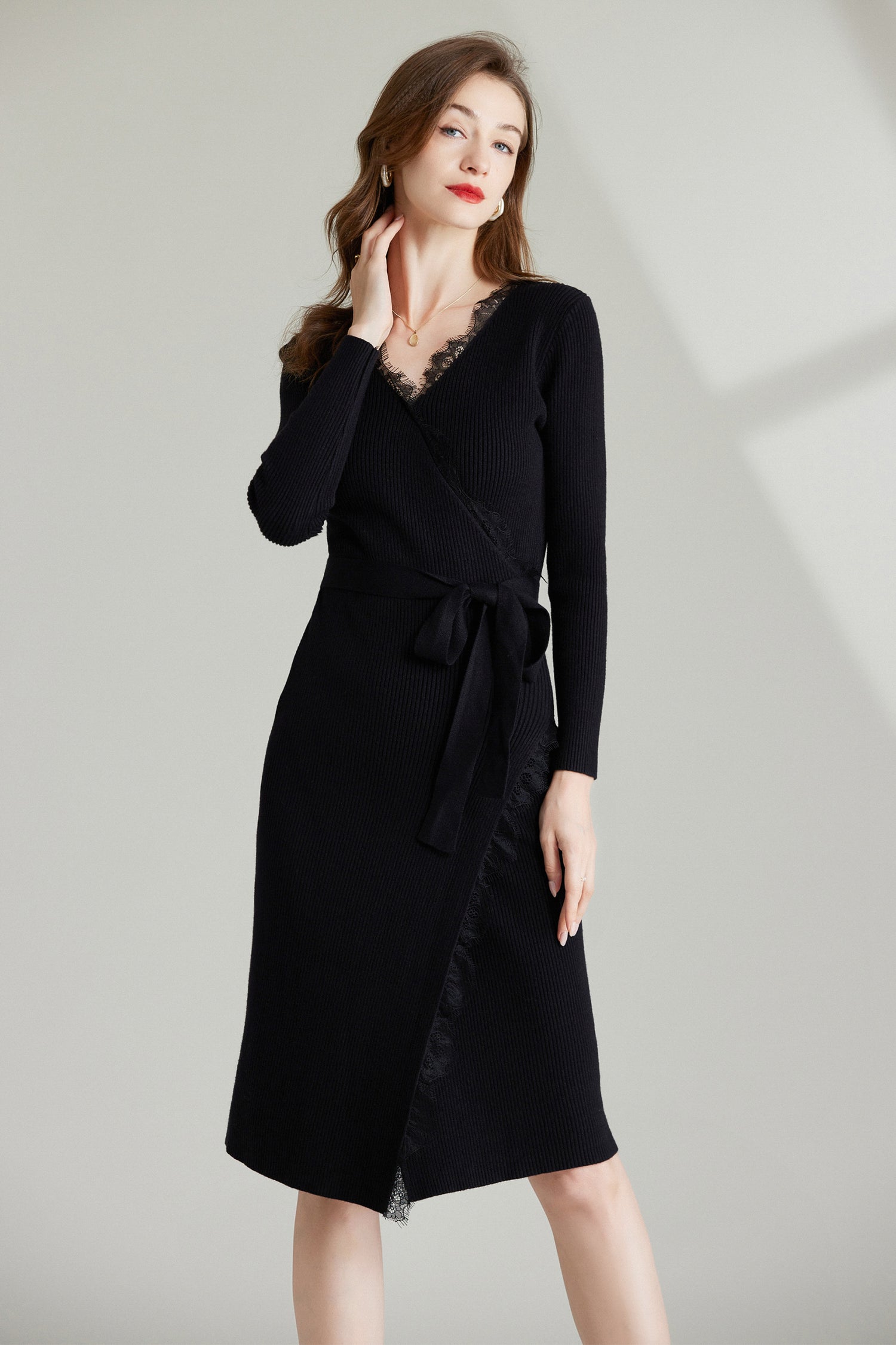 SKYE | Tatiana V-neck Lace Wrap Knit Sweater Dress | Quiet Luxury SKYE | Tatiana V-neck Lace Wrap Knit Sweater Dress | Quiet Luxury